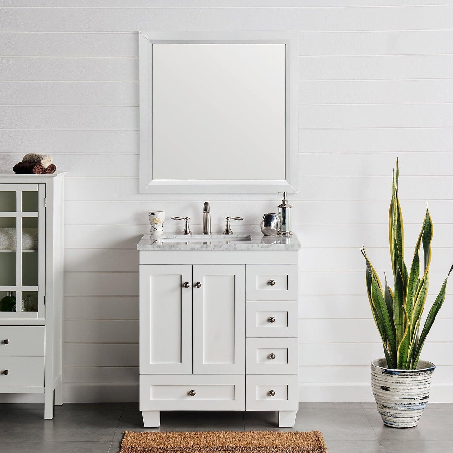 Eviva Acclaim 30" x 34" Freestanding White Bathroom Vanity With White Carrara Marble Countertop and Single Undermount Sink