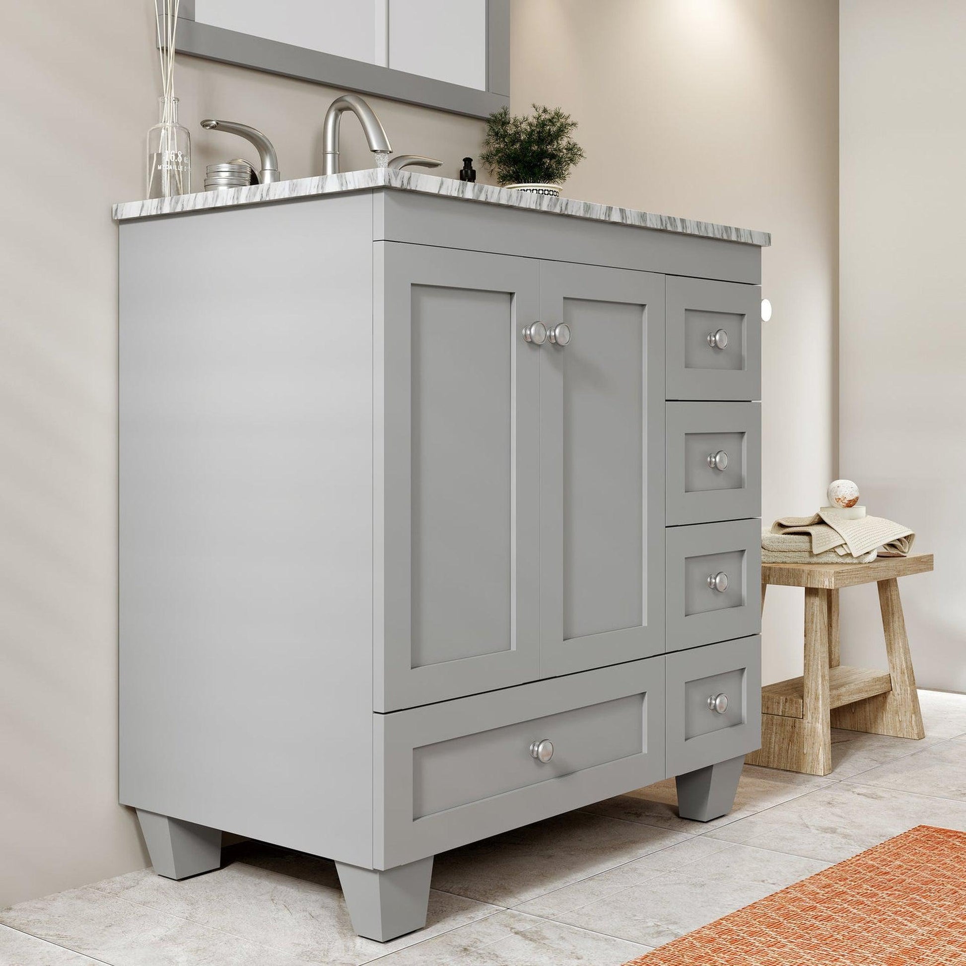 Eviva Acclaim 30" x 34" Gray Freestanding Bathroom Vanity With White Carrara Marble Countertop and Single Undermount Sink