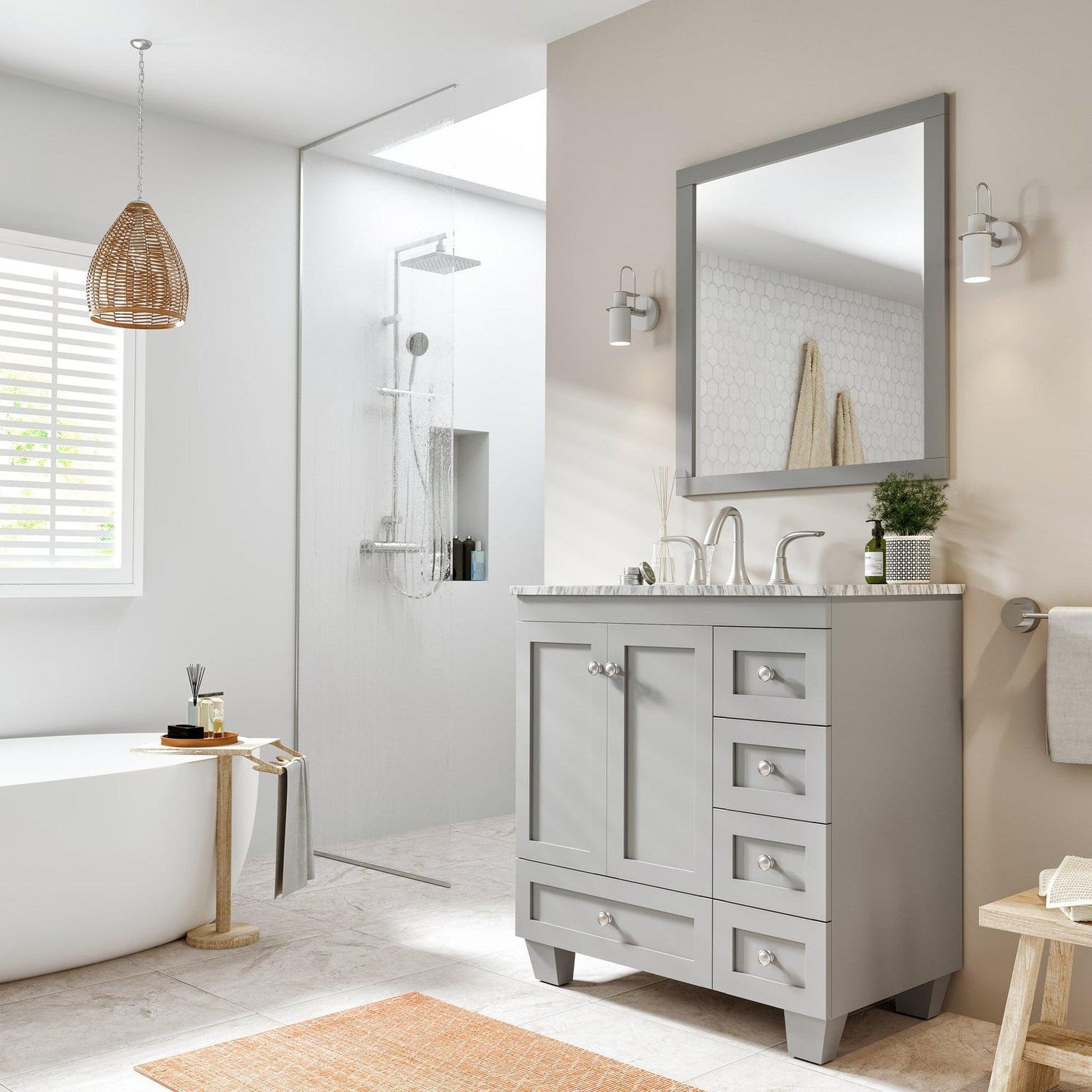 Eviva Acclaim 30" x 34" Gray Freestanding Bathroom Vanity With White Carrara Marble Countertop and Single Undermount Sink