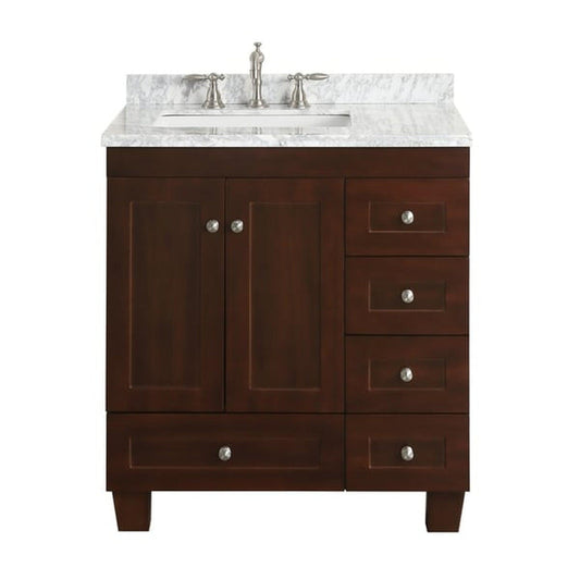 Eviva Acclaim 30" x 34" Teak Freestanding Bathroom Vanity With White Carrara Marble Countertop and Single Undermount Sink