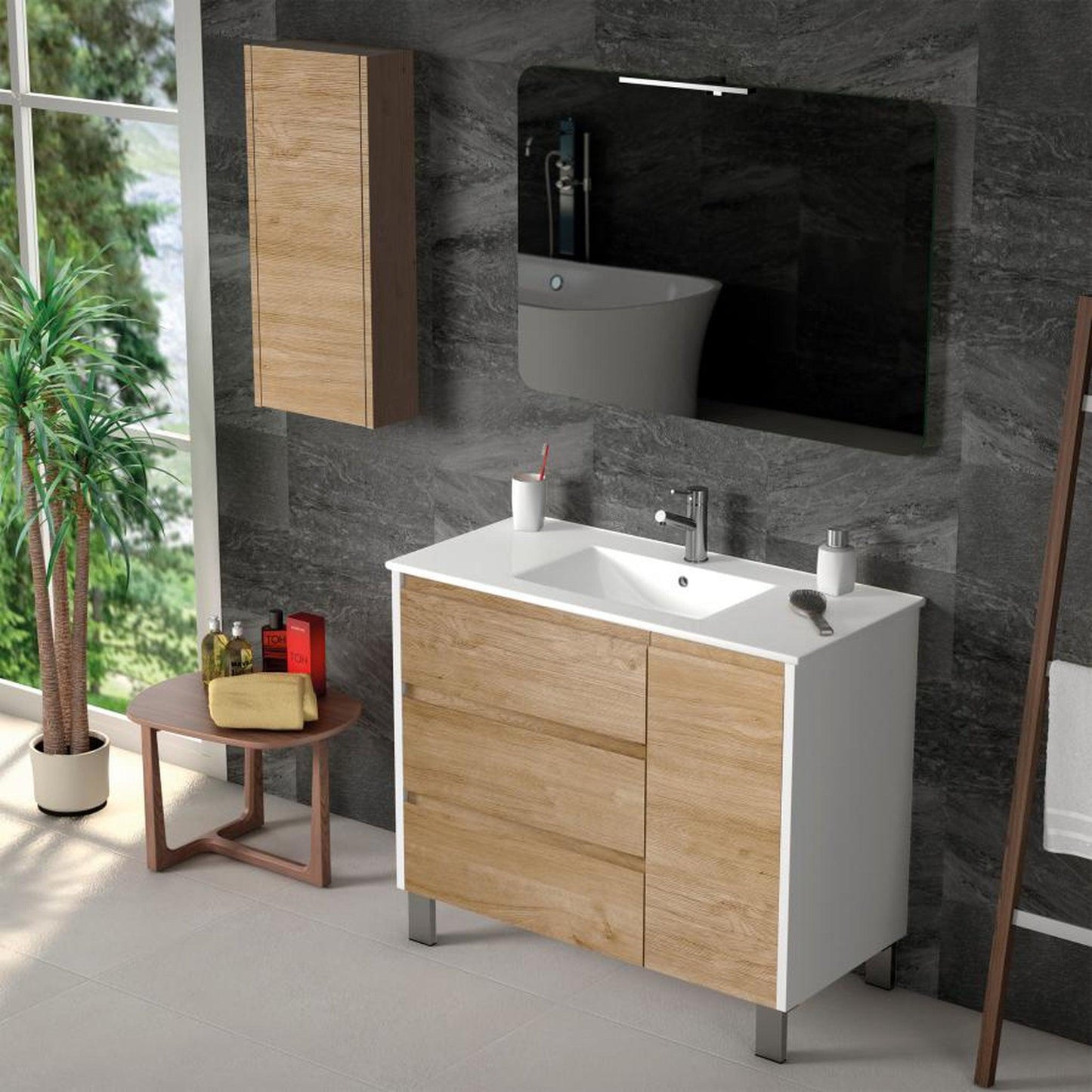 Eviva Bella 39" x 28" White-Oak Freestanding Bathroom Vanity With Integrated Porcelain Sink