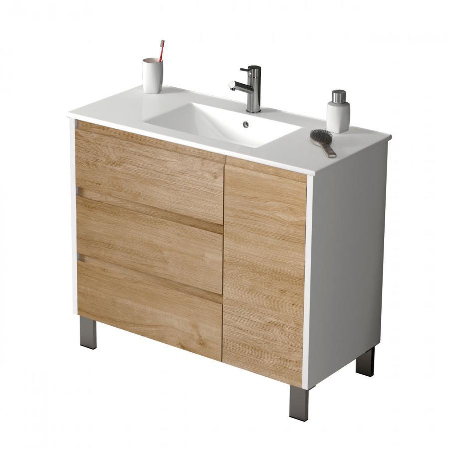 Eviva Bella 39" x 28" White-Oak Freestanding Bathroom Vanity With Integrated Porcelain Sink