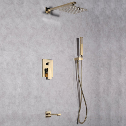 Eviva Beverly Gold Coated Wall-Mounted Squared Shower Head With Hand Shower and Tub Faucet