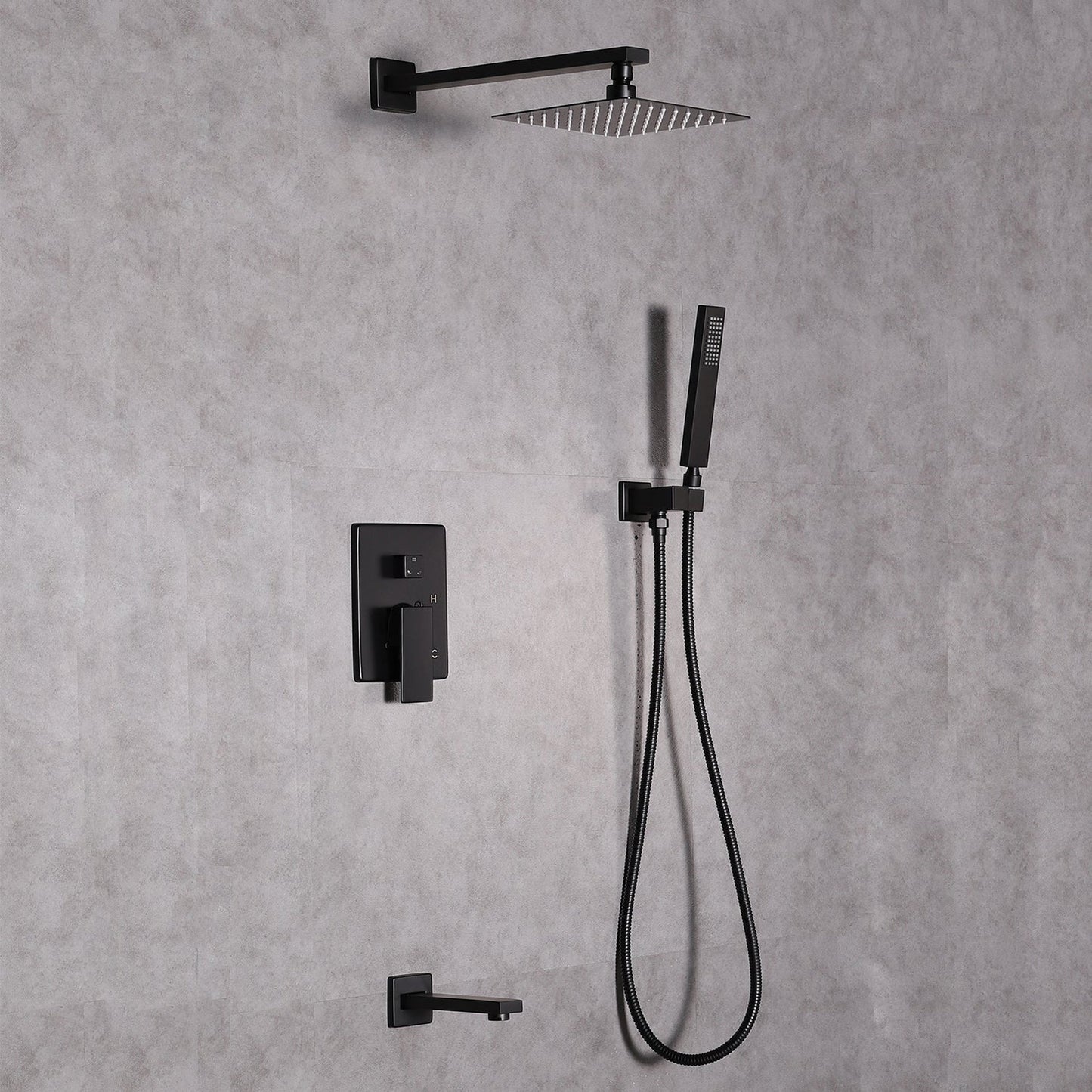 Eviva Beverly Matte Black Wall-Mounted Squared Shower Head With Hand Shower and Tub Faucet