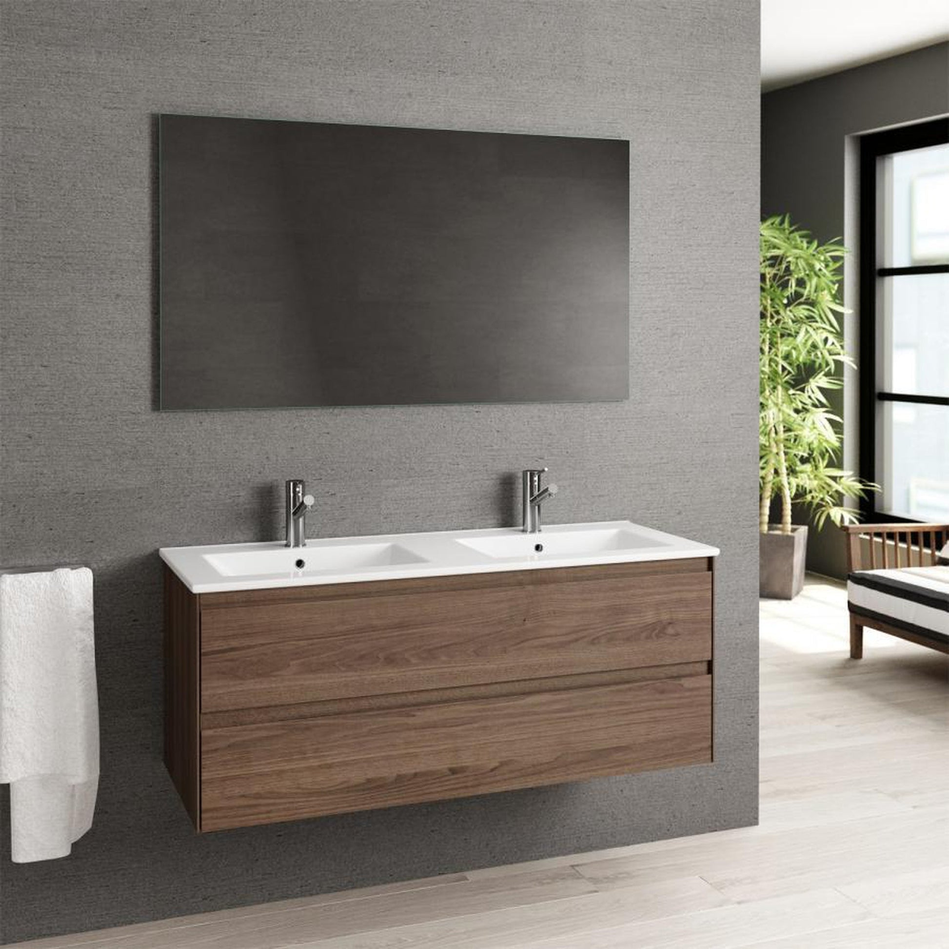 Eviva Bloom 48" x 34" Dark Walnut Wall-Mounted Bathroom Vanity With White Double Integrated Porcelain Sink