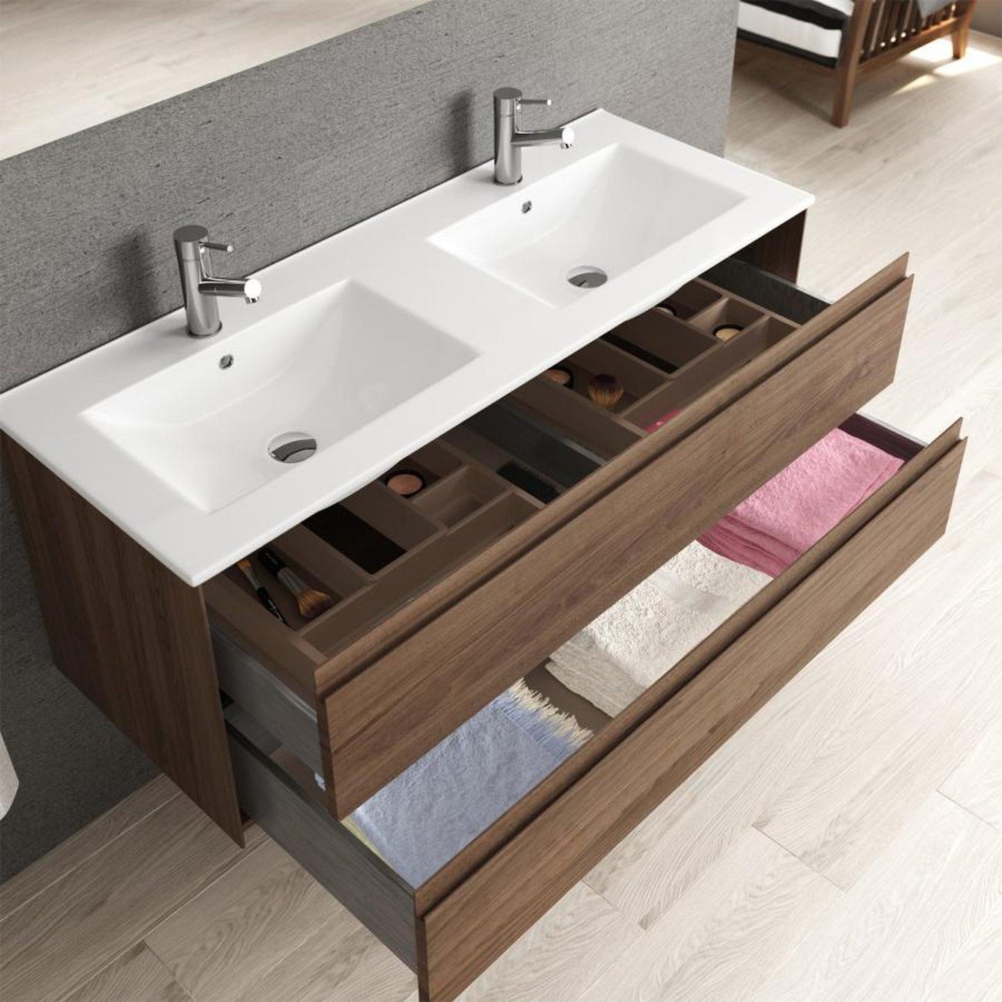 Eviva Bloom 48" x 34" Dark Walnut Wall-Mounted Bathroom Vanity With White Double Integrated Porcelain Sink