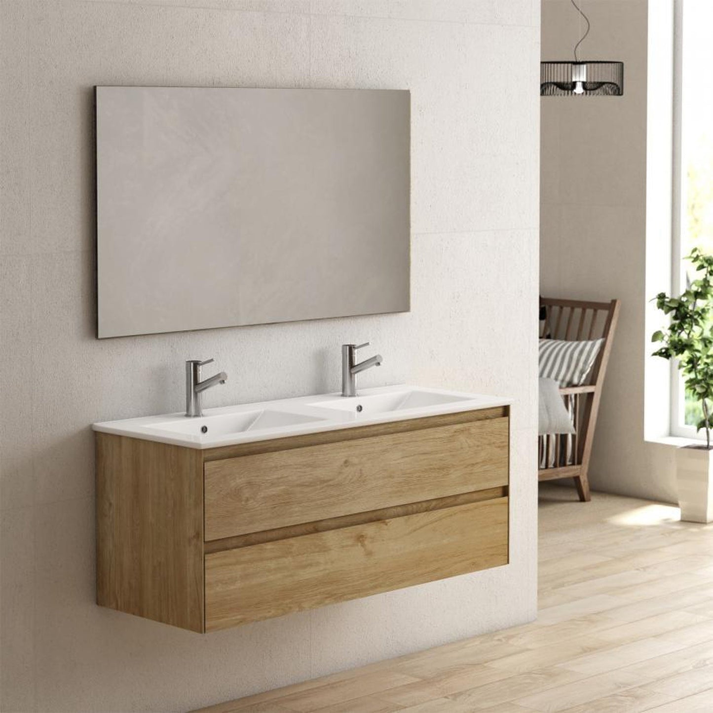 Eviva Bloom 48" x 34" Natural Oak Wall-Mounted Bathroom Vanity With White Double Integrated Porcelain Sink