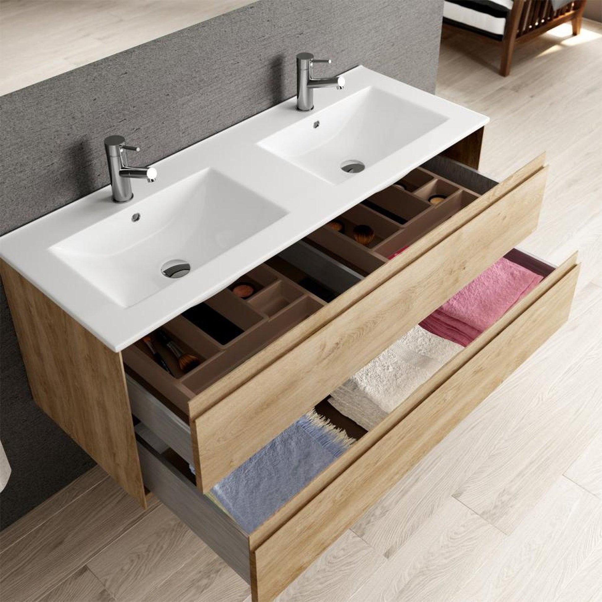 Eviva Bloom 48" x 34" Natural Oak Wall-Mounted Bathroom Vanity With White Double Integrated Porcelain Sink