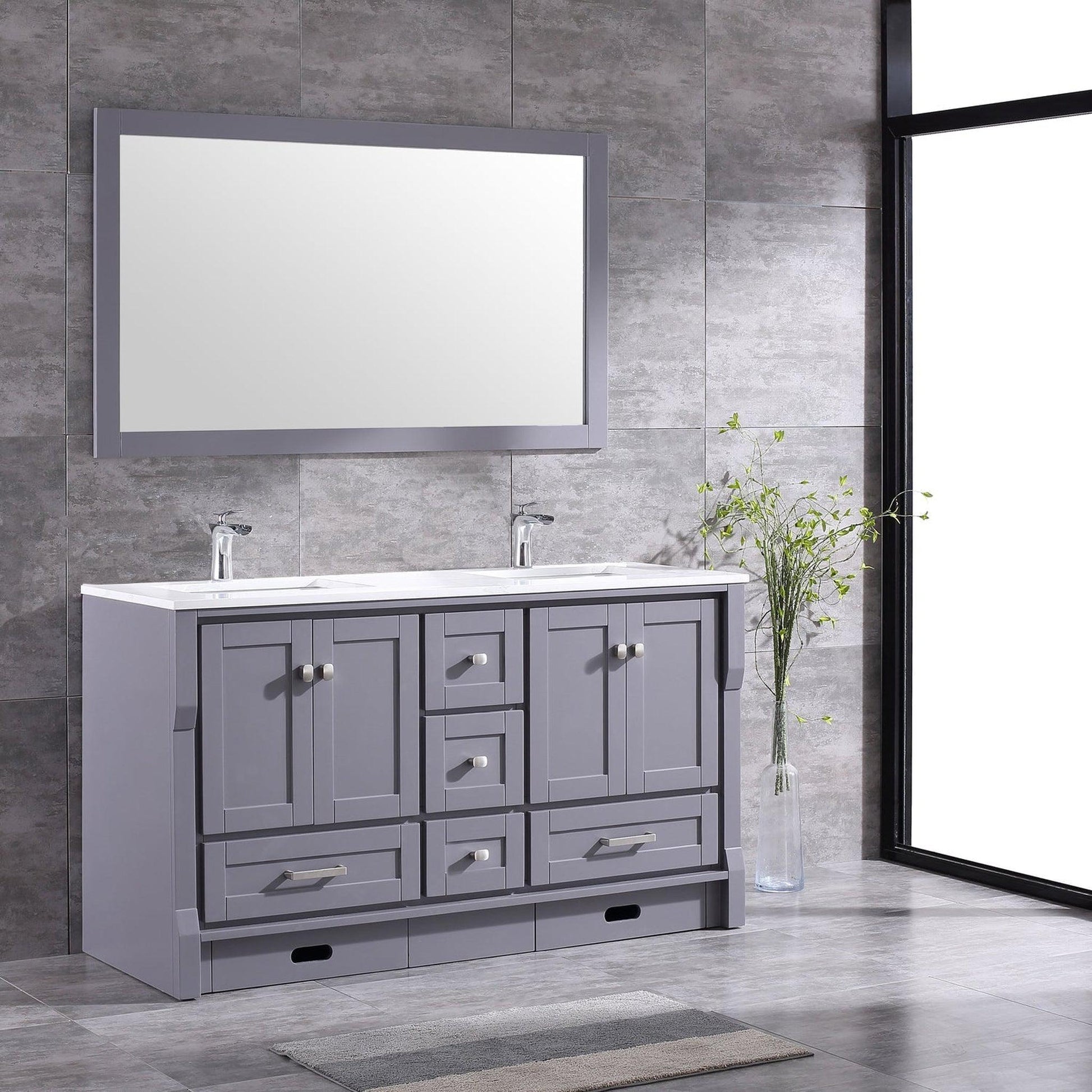 Eviva Booster 60” x 34” Gray Freestanding Bathroom Vanity With White Carrara Marble Countertop and Double Undermount Sink