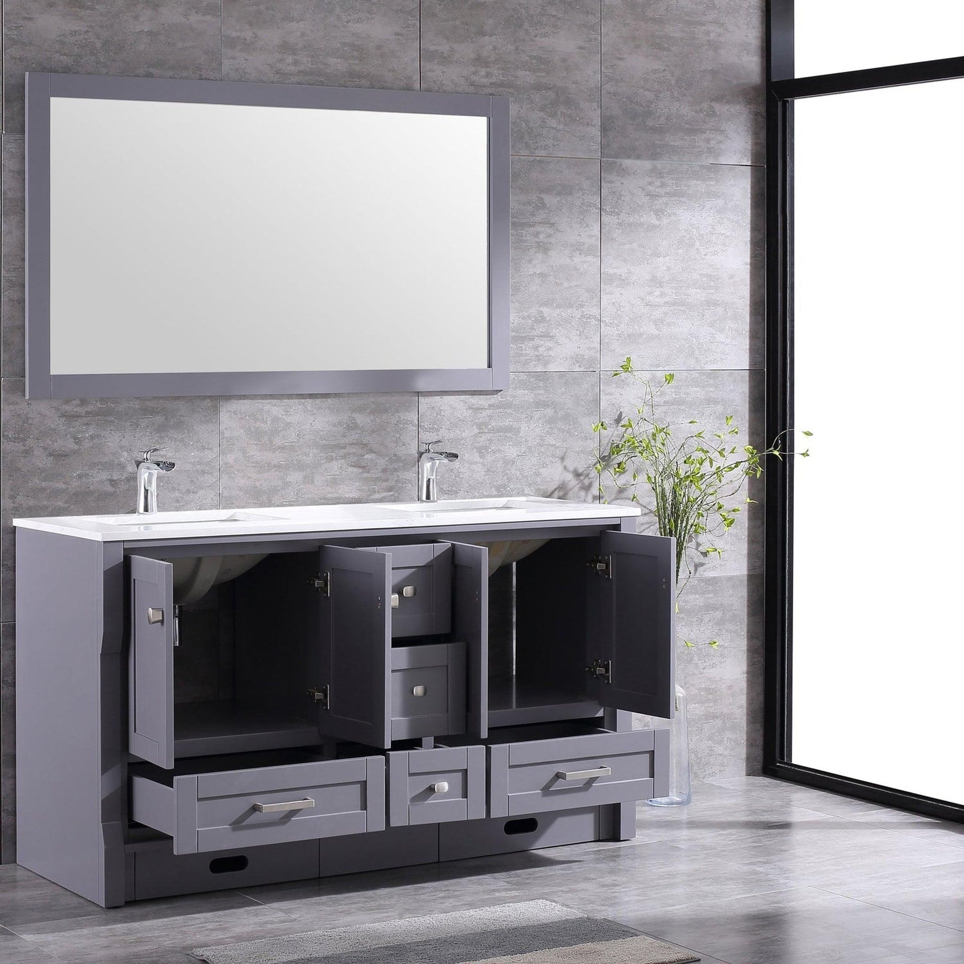 Eviva Booster 60” x 34” Gray Freestanding Bathroom Vanity With White Carrara Marble Countertop and Double Undermount Sink