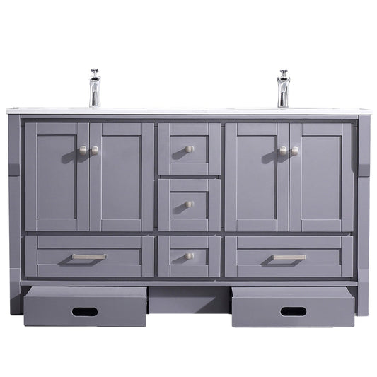 Eviva Booster 60” x 34” Gray Freestanding Bathroom Vanity With White Carrara Marble Countertop and Double Undermount Sink