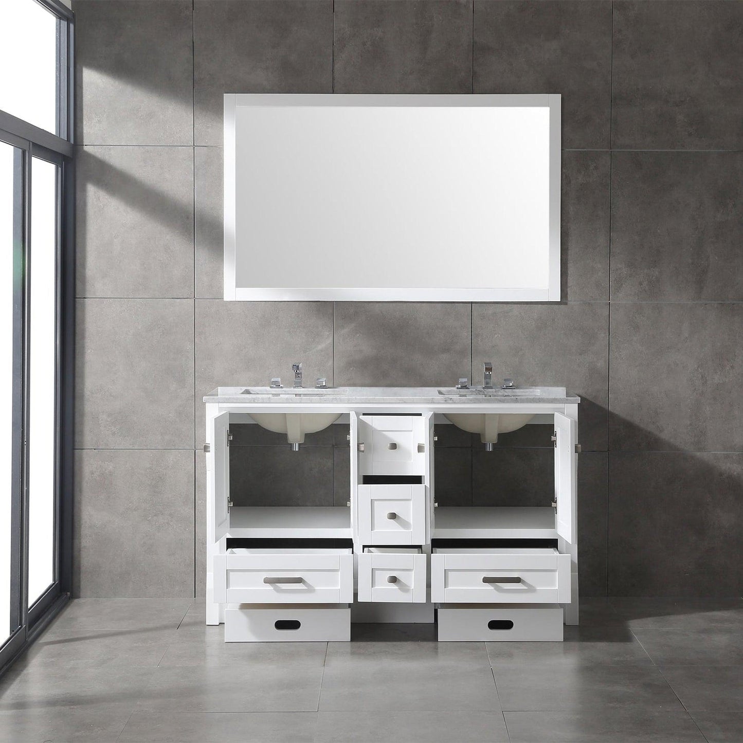 Eviva Booster 60” x 34” White Freestanding Bathroom Vanity With White Carrara Marble Countertop and Double Undermount Sink