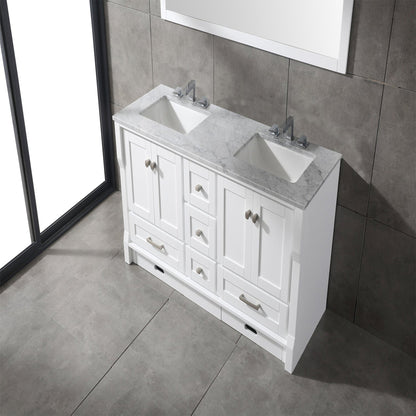 Eviva Booster 72 x 34” White Freestanding Bathroom Vanity With White Carrara Marble Countertop and Double Undermount Sink