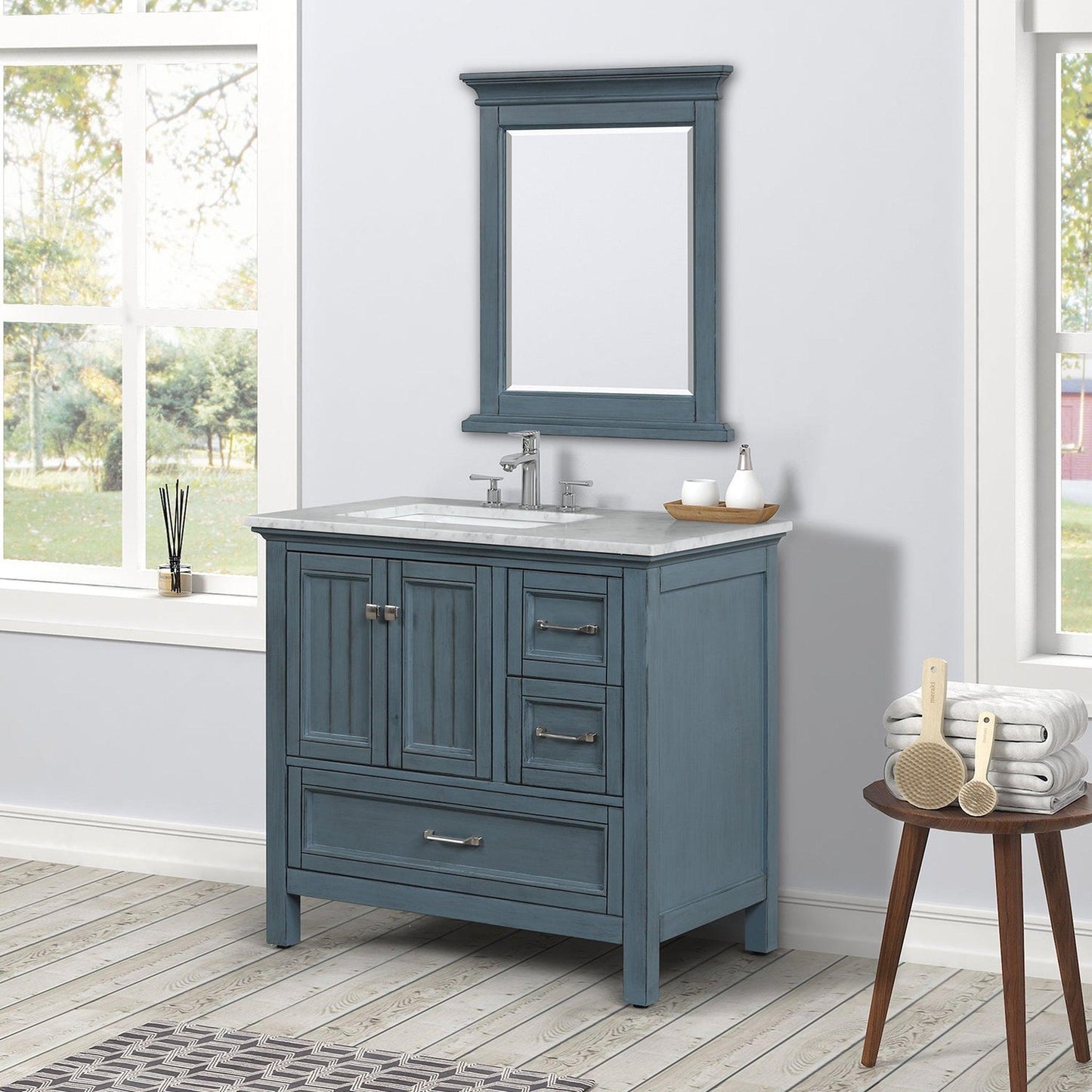Eviva Britney 36" x 34" Ash Blue Freestanding Bathroom Vanity With Carrara Marble Countertop and Single Undermount Ceramic Sink