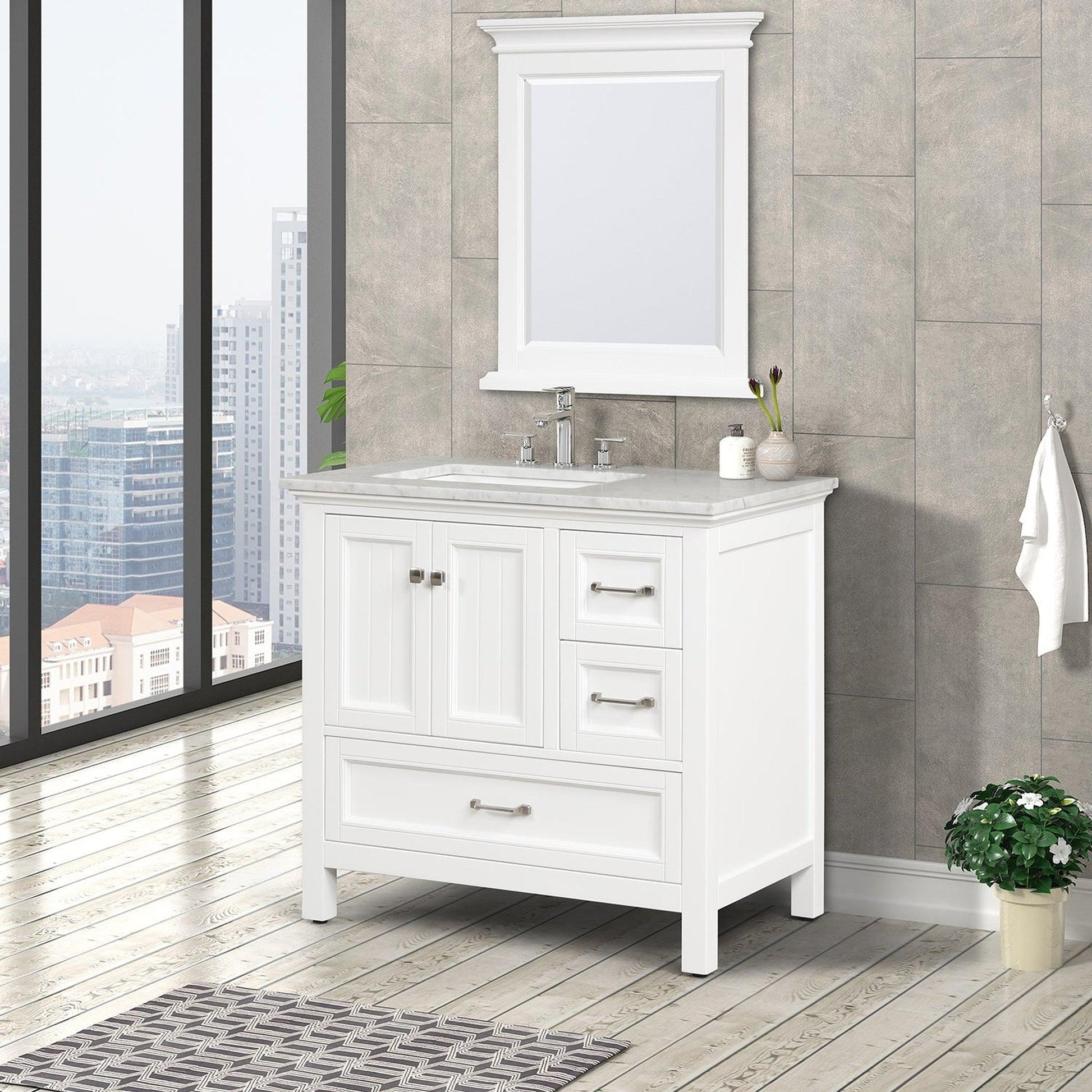 Eviva Britney 36" x 34" White Freestanding Bathroom Vanity With Carrara Marble Countertop and Single Undermount Ceramic Sink