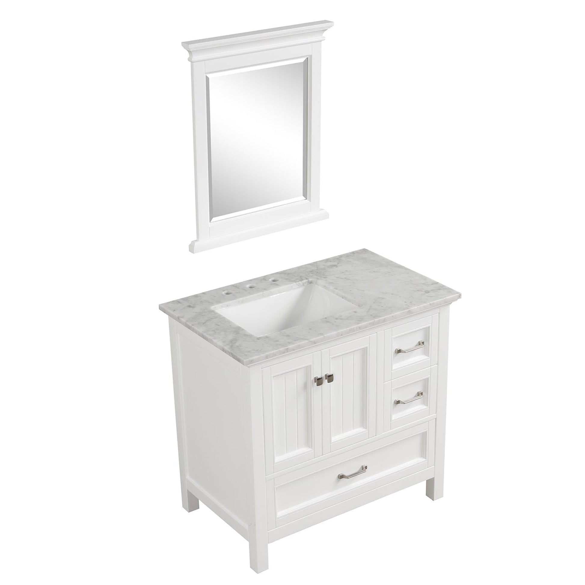 Eviva Britney 36" x 34" White Freestanding Bathroom Vanity With Carrara Marble Countertop and Single Undermount Ceramic Sink