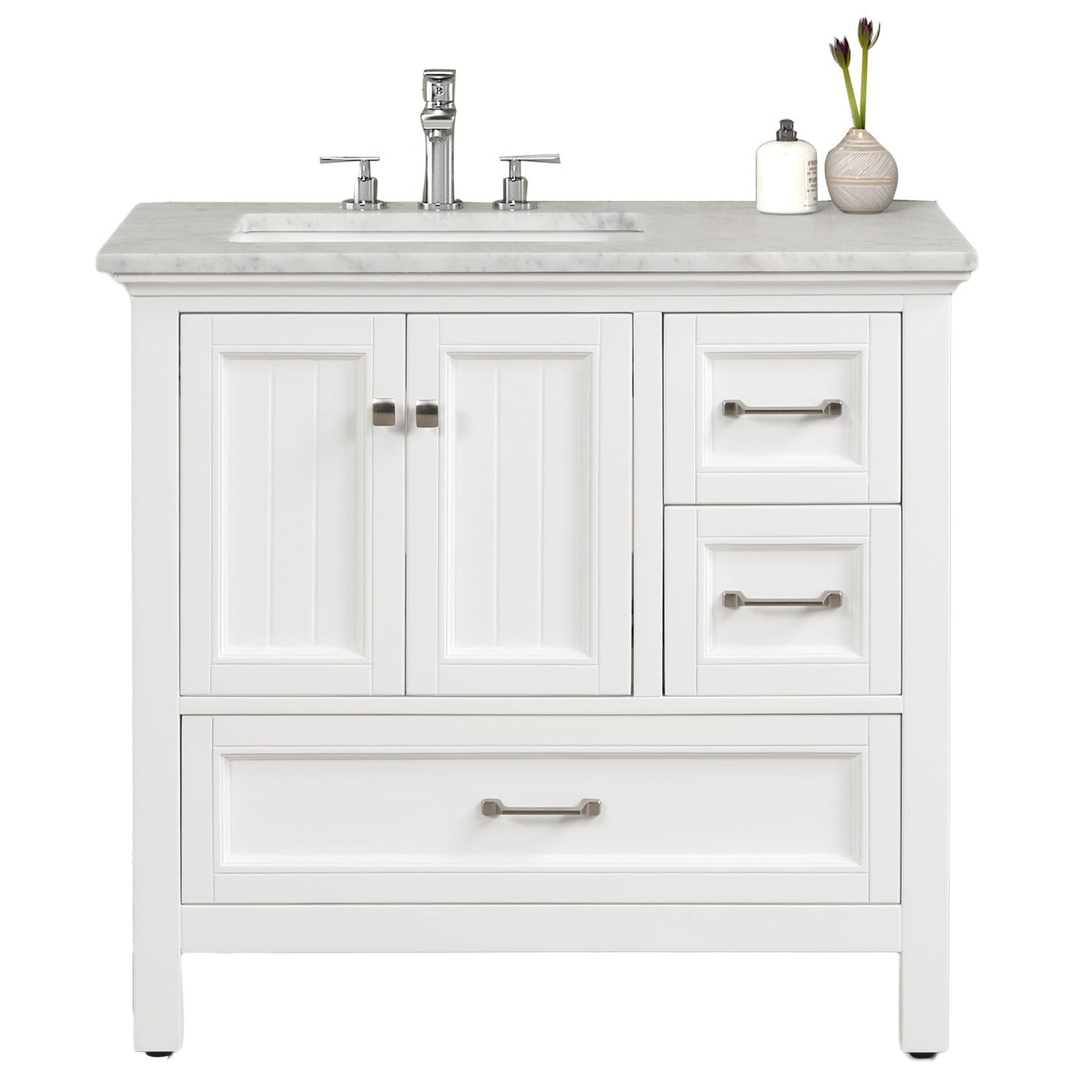 Eviva Britney 36" x 34" White Freestanding Bathroom Vanity With Carrara Marble Countertop and Single Undermount Ceramic Sink