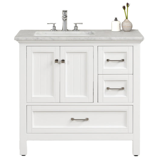 Eviva Britney 36" x 34" White Freestanding Bathroom Vanity With Carrara Marble Countertop and Single Undermount Ceramic Sink