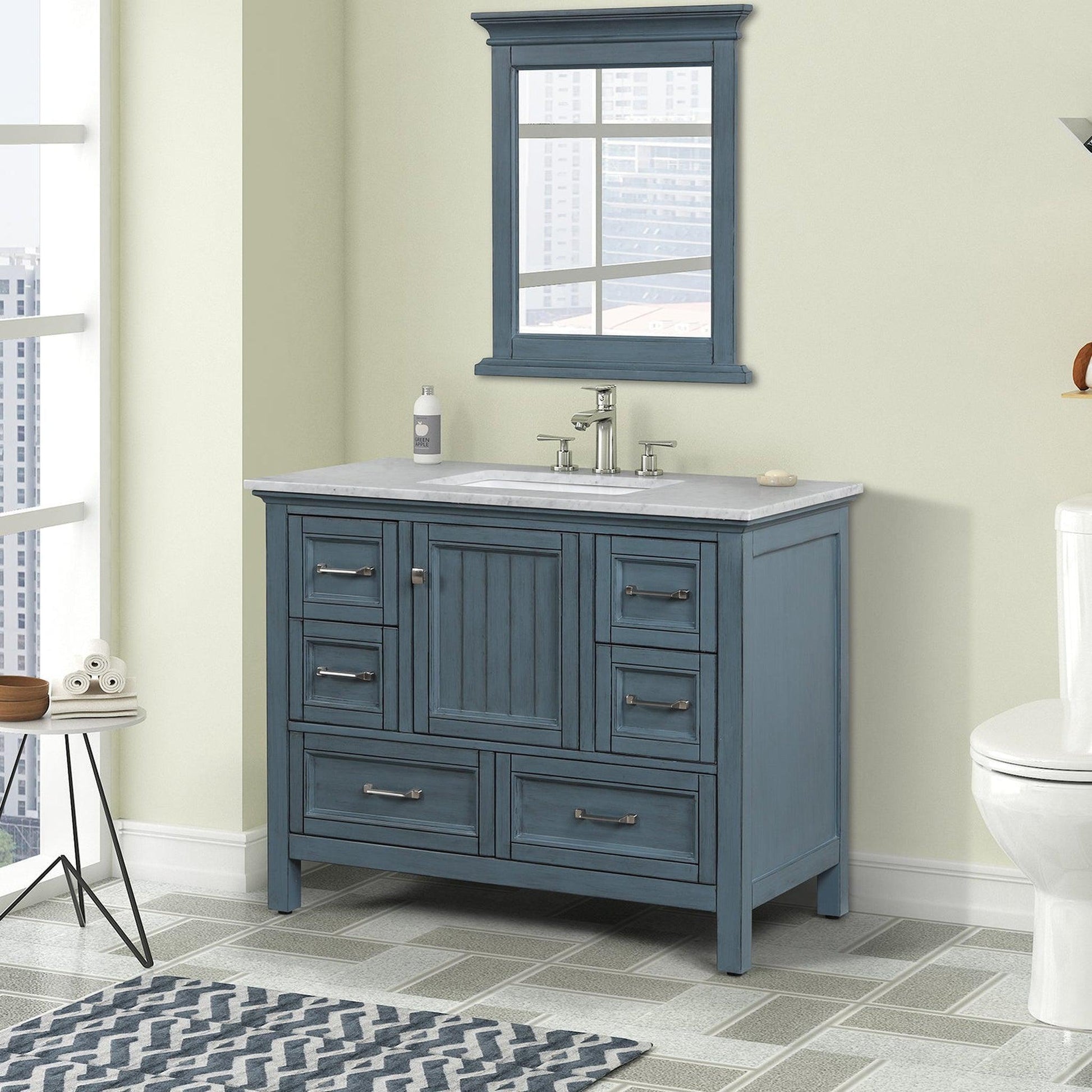 Eviva Britney 42" x 34" Ash Blue Freestanding Bathroom Vanity With Carrara Marble Countertop and Single Undermount Ceramic Sink