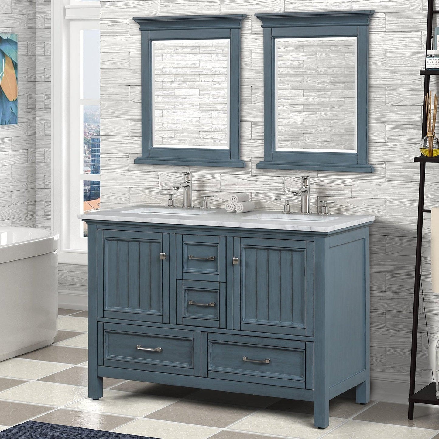 Eviva Britney 48" x 34" Ash Blue Freestanding Bathroom Vanity With Carrara Marble Countertop and Double Undermount Ceramic Sink