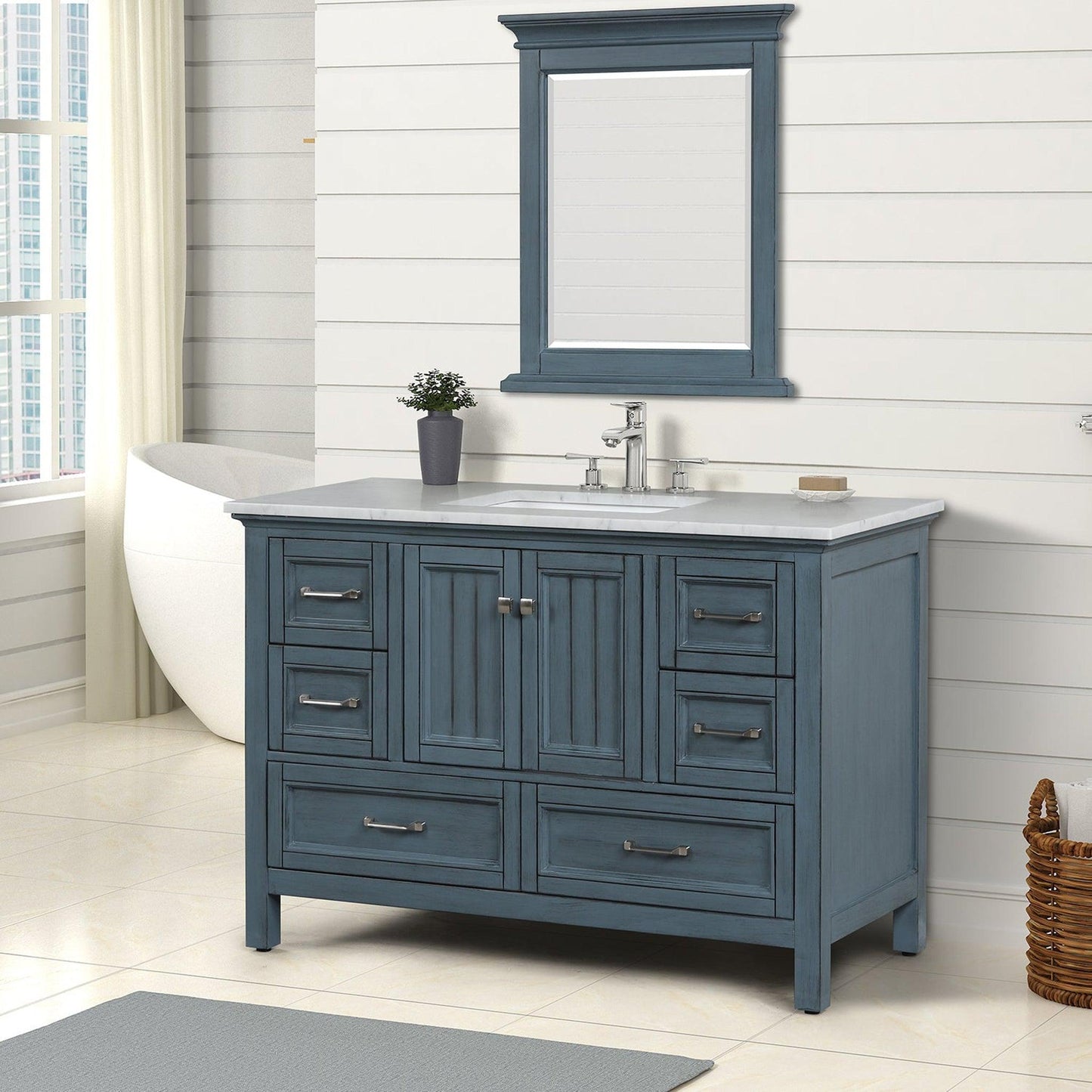 Eviva Britney 48" x 34" Ash Blue Freestanding Bathroom Vanity With Carrara Marble Countertop and Single Undermount Ceramic Sink