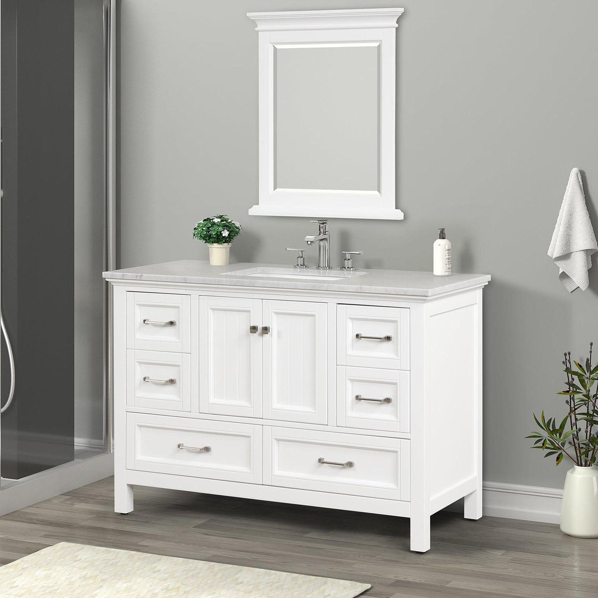 Eviva Britney 48" x 34" White Freestanding Bathroom Vanity With Carrara Marble Countertop and Single Undermount Ceramic Sink