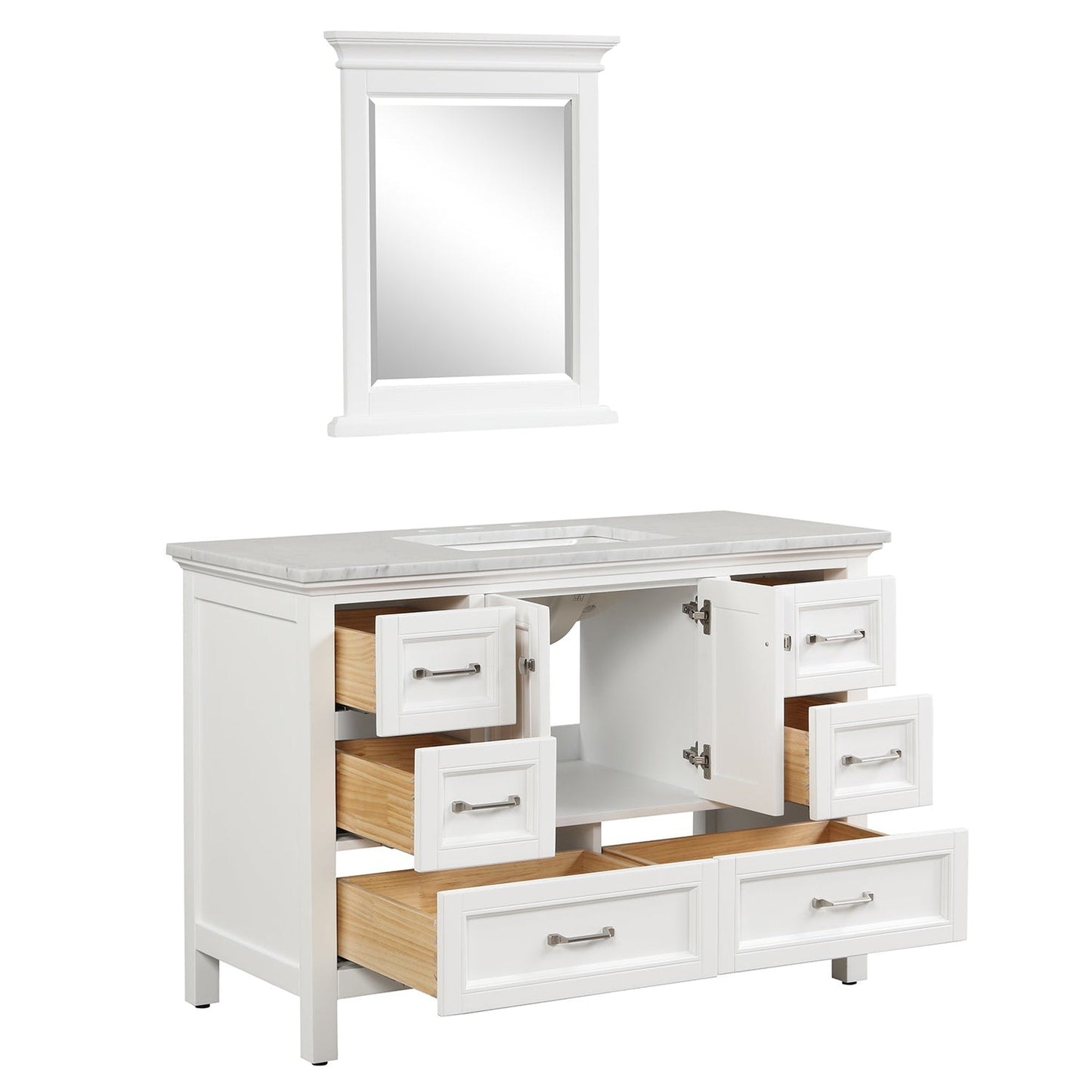 Eviva Britney 48" x 34" White Freestanding Bathroom Vanity With Carrara Marble Countertop and Single Undermount Ceramic Sink