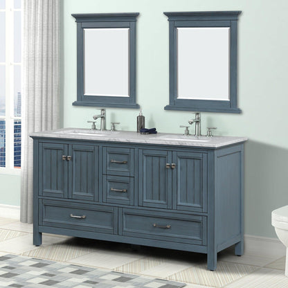 Eviva Britney 60" x 34" Ash Blue Freestanding Bathroom Vanity With Carrara Marble Countertop and Double Undermount Ceramic Sink