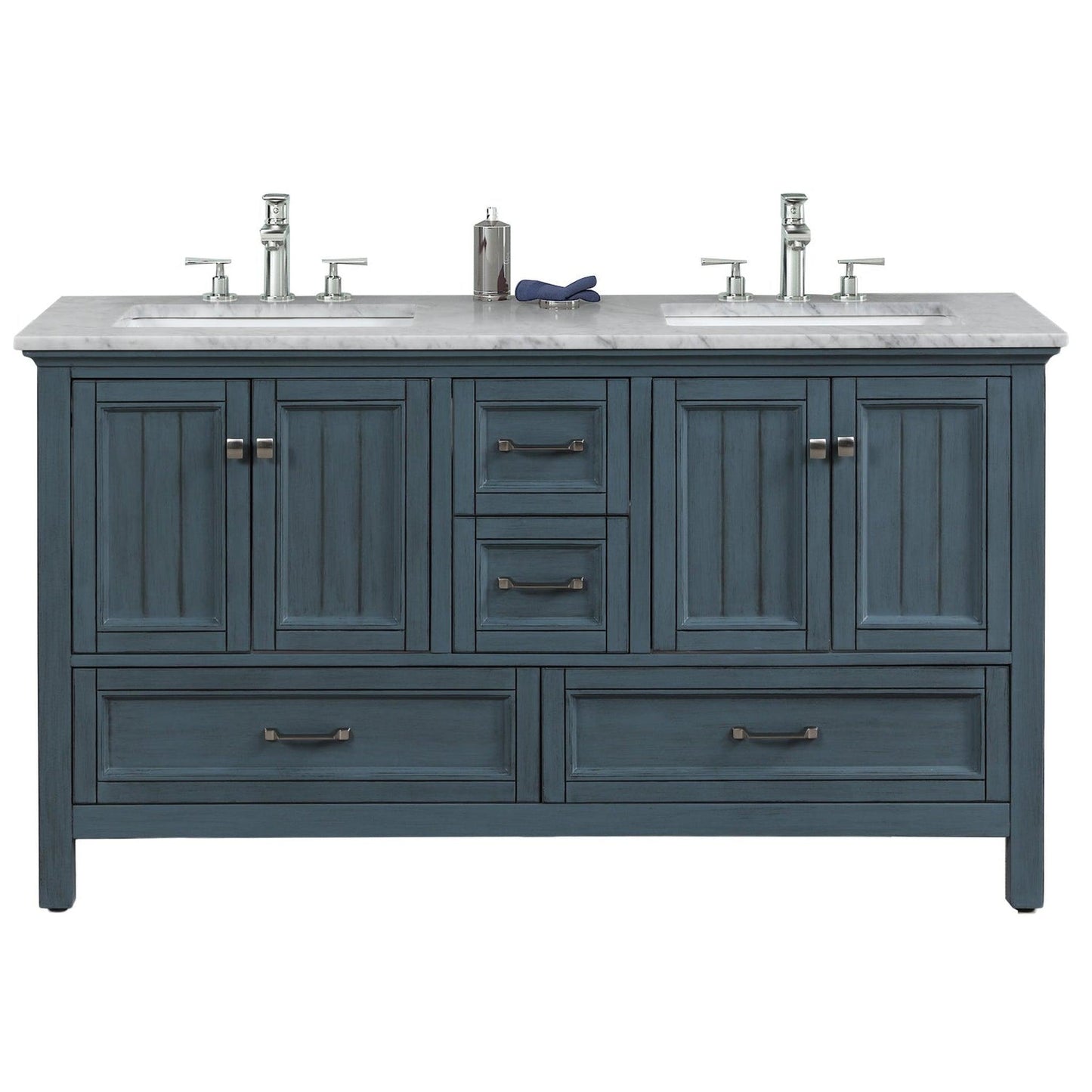 Eviva Britney 60" x 34" Ash Blue Freestanding Bathroom Vanity With Carrara Marble Countertop and Double Undermount Ceramic Sink