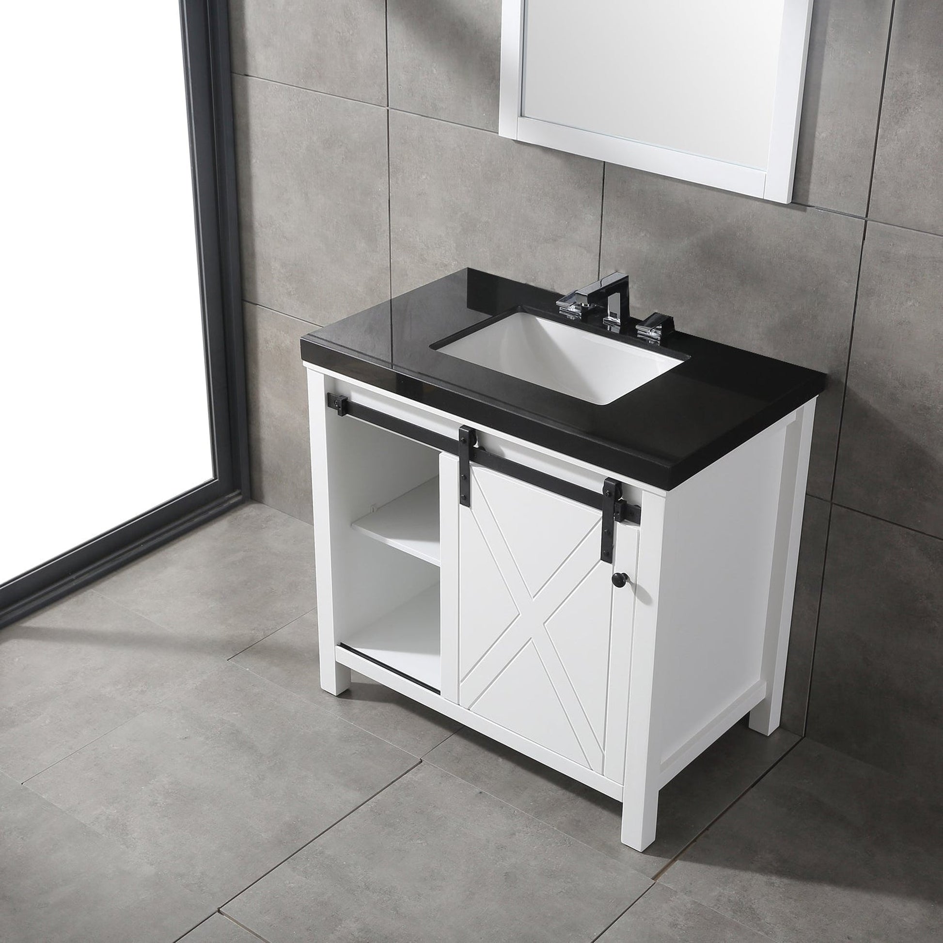 Eviva Dallas 36” x 34” White Freestanding Bathroom Vanity With Black Granite Countertop and Single Undermount Sink