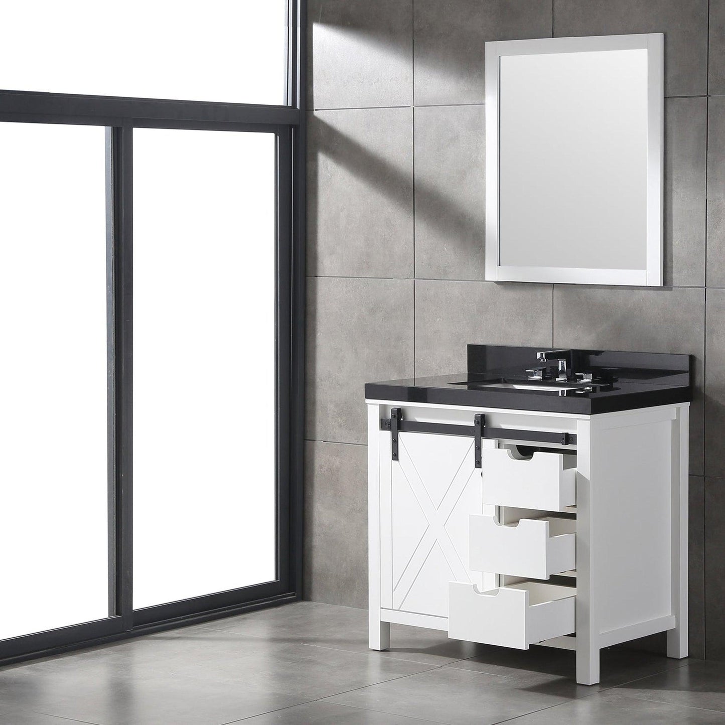 Eviva Dallas 36” x 34” White Freestanding Bathroom Vanity With Black Granite Countertop and Single Undermount Sink