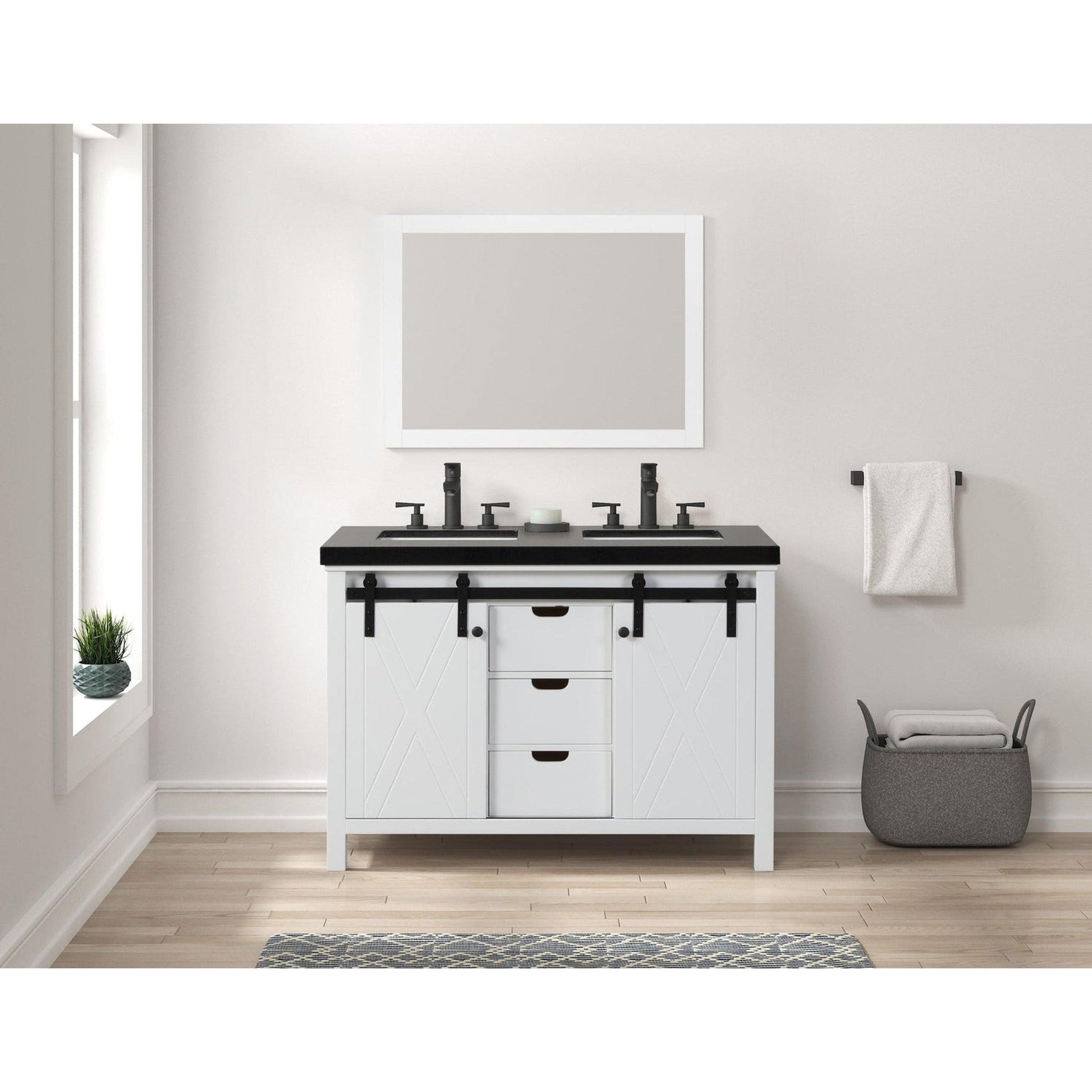 Eviva Dallas 48” x 34” White Freestanding Bathroom Vanity With Black Granite Countertop and Double Undermount Sink