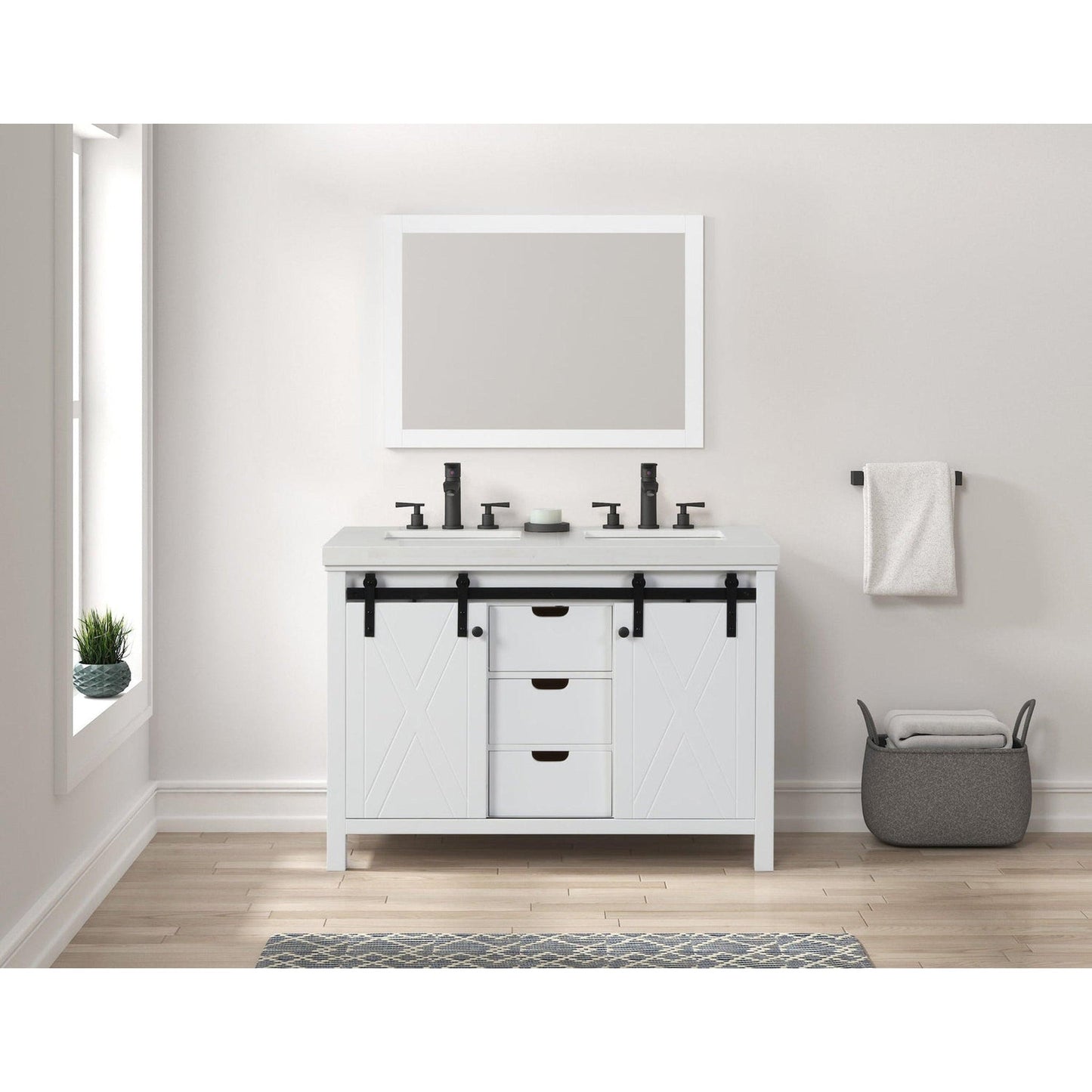 Eviva Dallas 48” x 34” White Freestanding Bathroom Vanity With White Granite Countertop and Double Undermount Sink