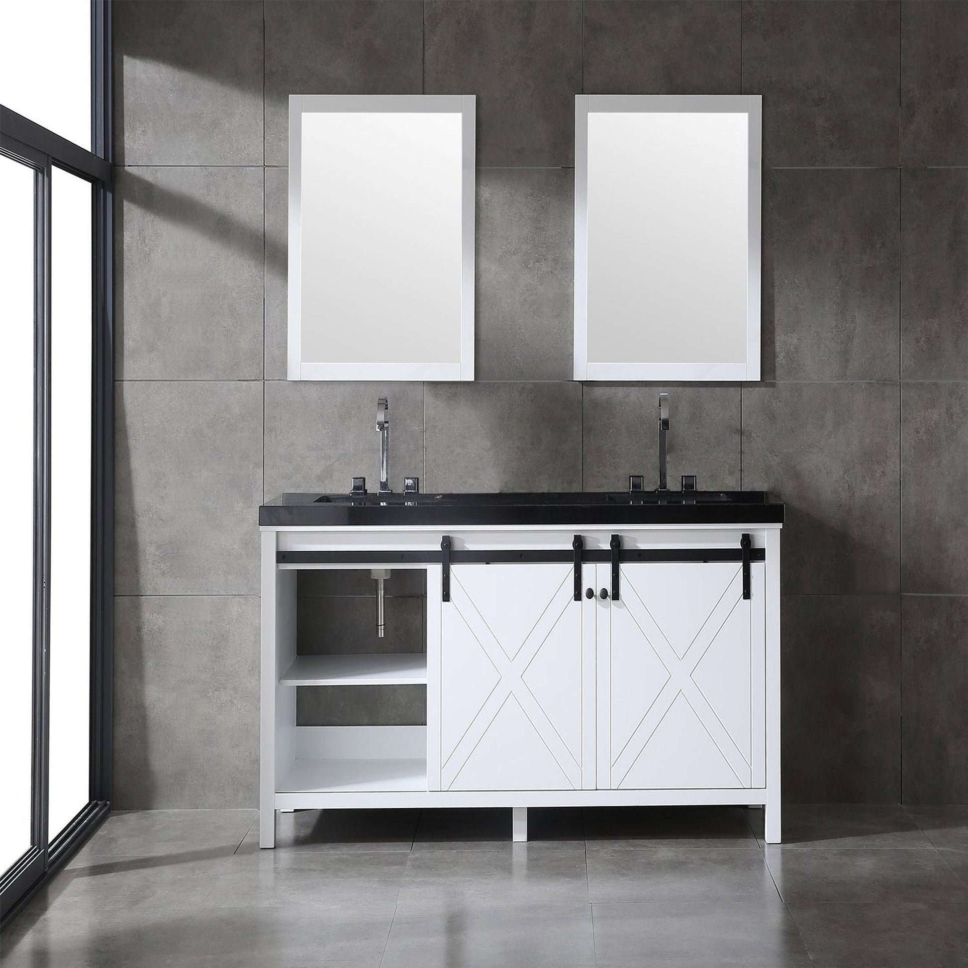 Eviva Dallas 60” x 34” White Freestanding Bathroom Vanity With Black Granite Countertop and Double Undermount Sink