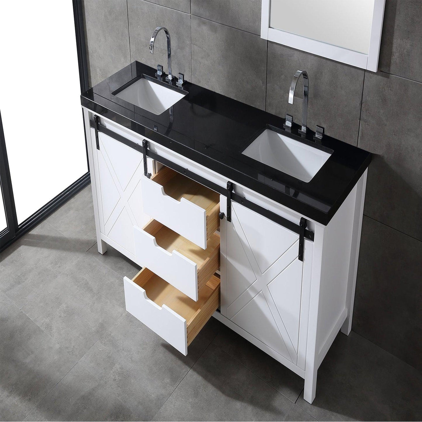 Eviva Dallas 60” x 34” White Freestanding Bathroom Vanity With Black Granite Countertop and Double Undermount Sink