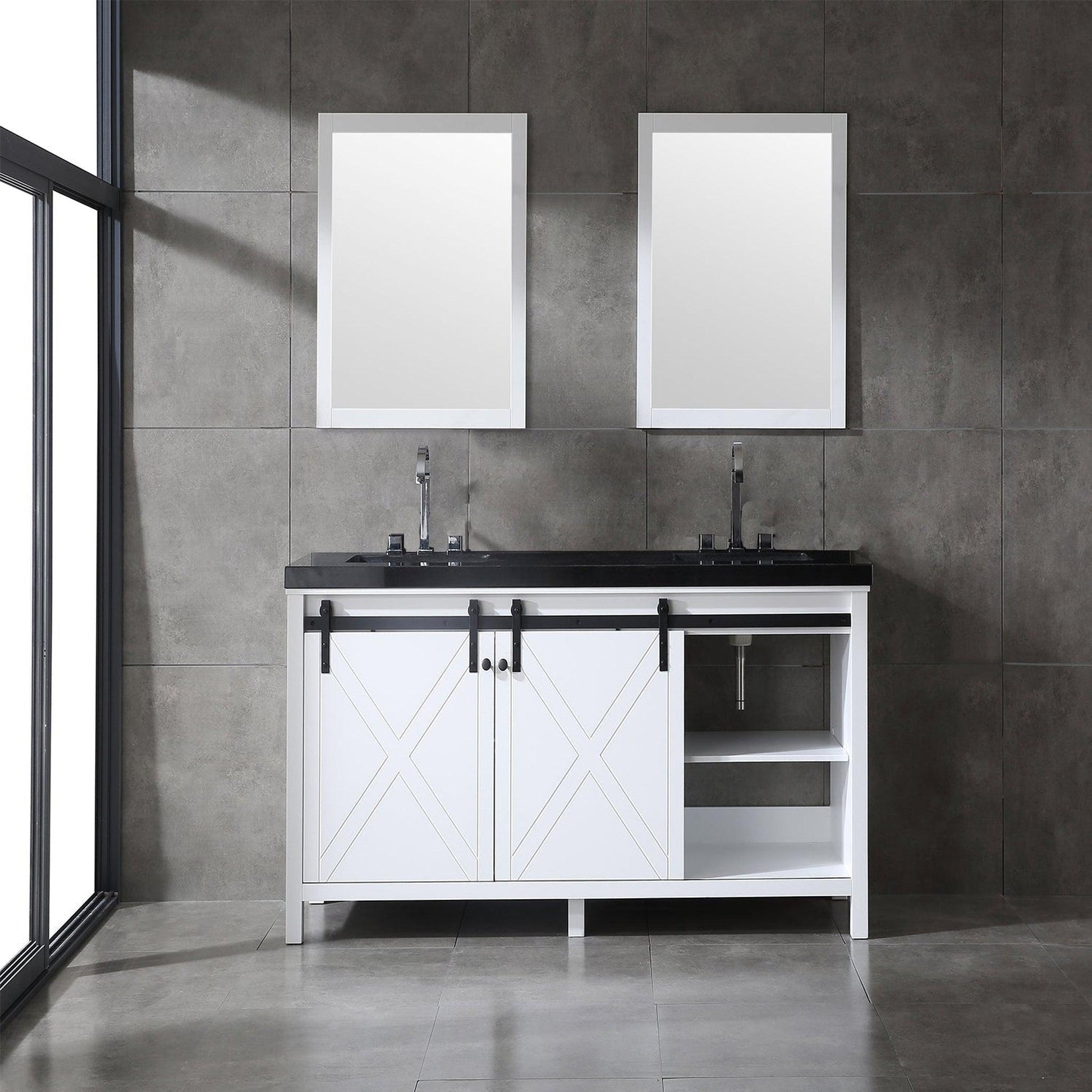 Eviva Dallas 72” x 34” White Freestanding Bathroom Vanity With Black Granite Countertop and Double Undermount Sink