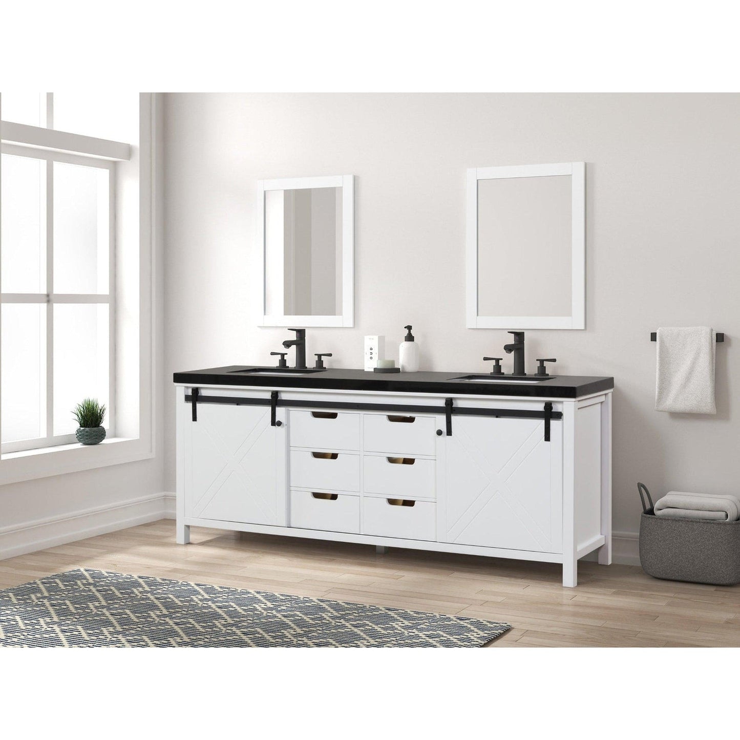 Eviva Dallas 84” x 34” White Freestanding Bathroom Vanity With Black Granite Countertop and Double Undermount Sink