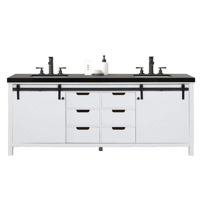 Eviva Dallas 84” x 34” White Freestanding Bathroom Vanity With Black Granite Countertop and Double Undermount Sink