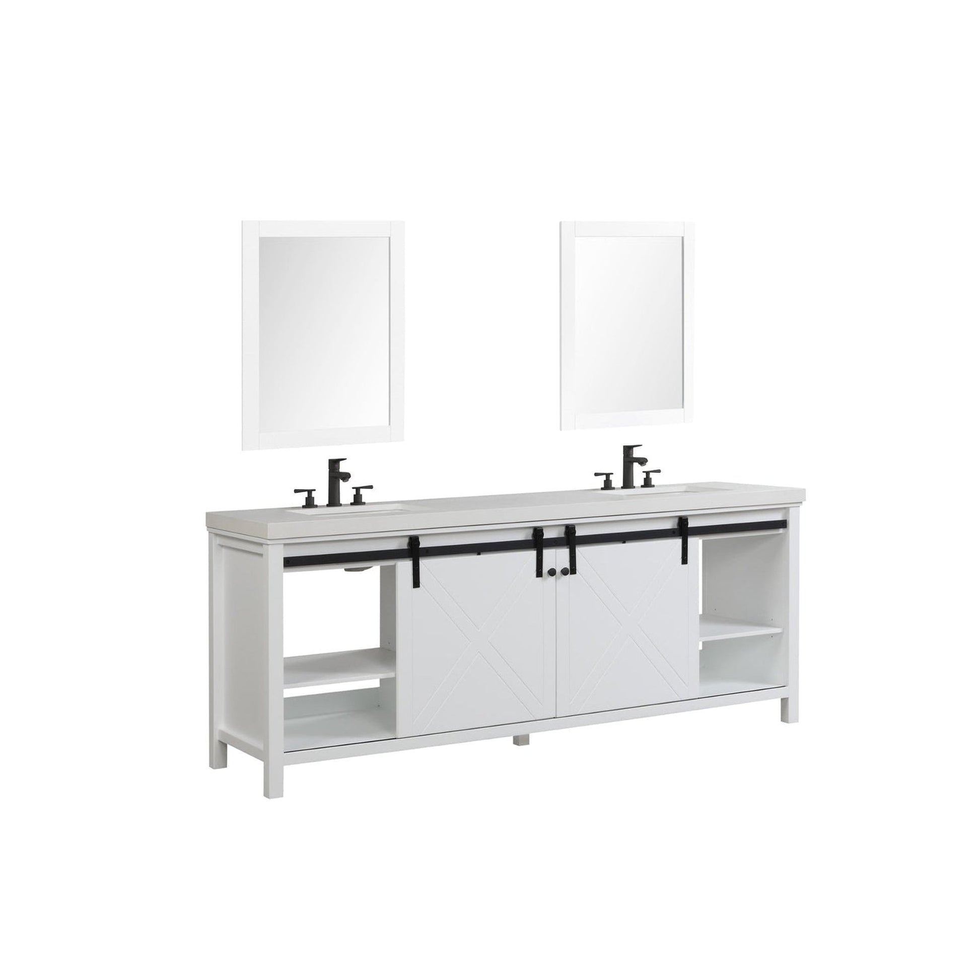 Eviva Dallas 84” x 34” White Freestanding Bathroom Vanity With White Granite Countertop and Double Undermount Sink