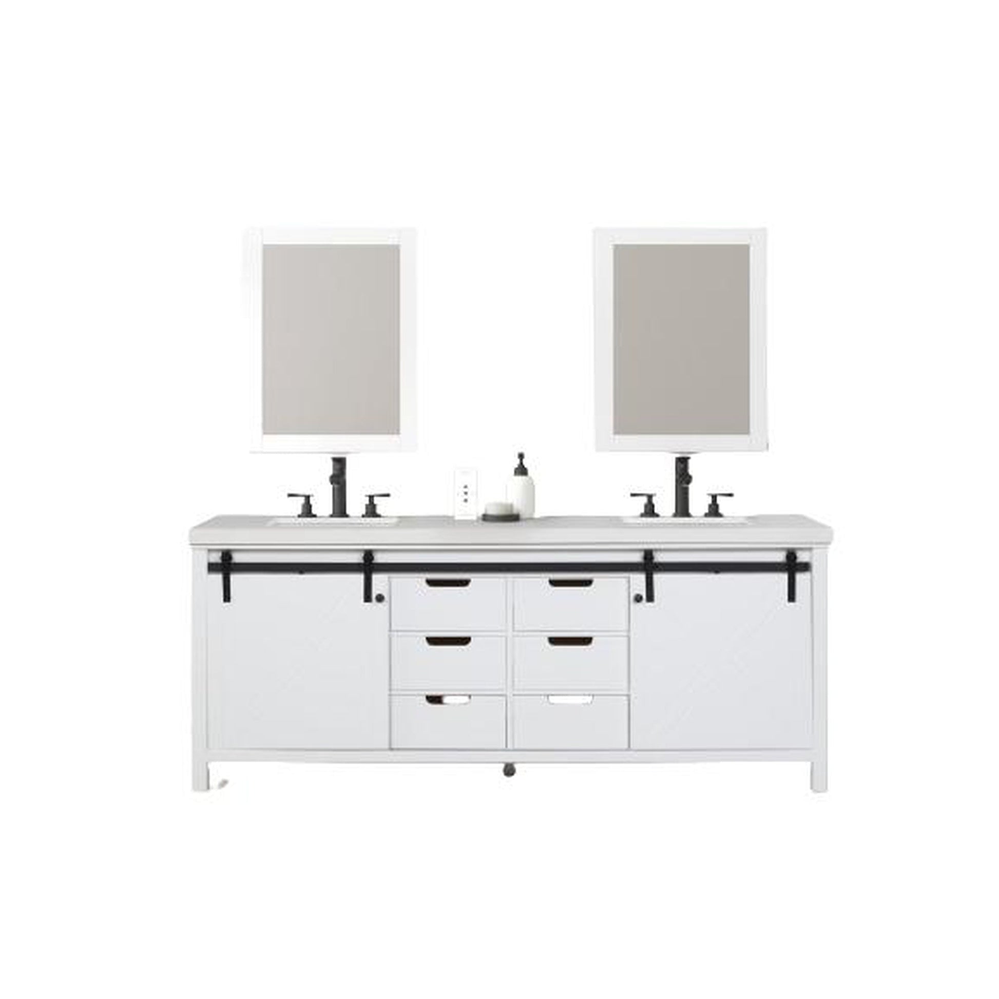 Eviva Dallas 84” x 34” White Freestanding Bathroom Vanity With White Granite Countertop and Double Undermount Sink