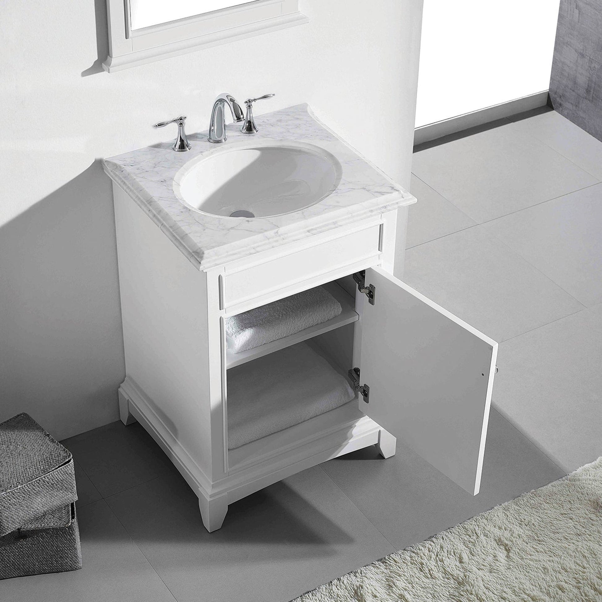 Eviva Elite Stamford 24" x 36" White Freestanding Bathroom Vanity With White Carrara Marble Countertop and Undermount Porcelain Sink