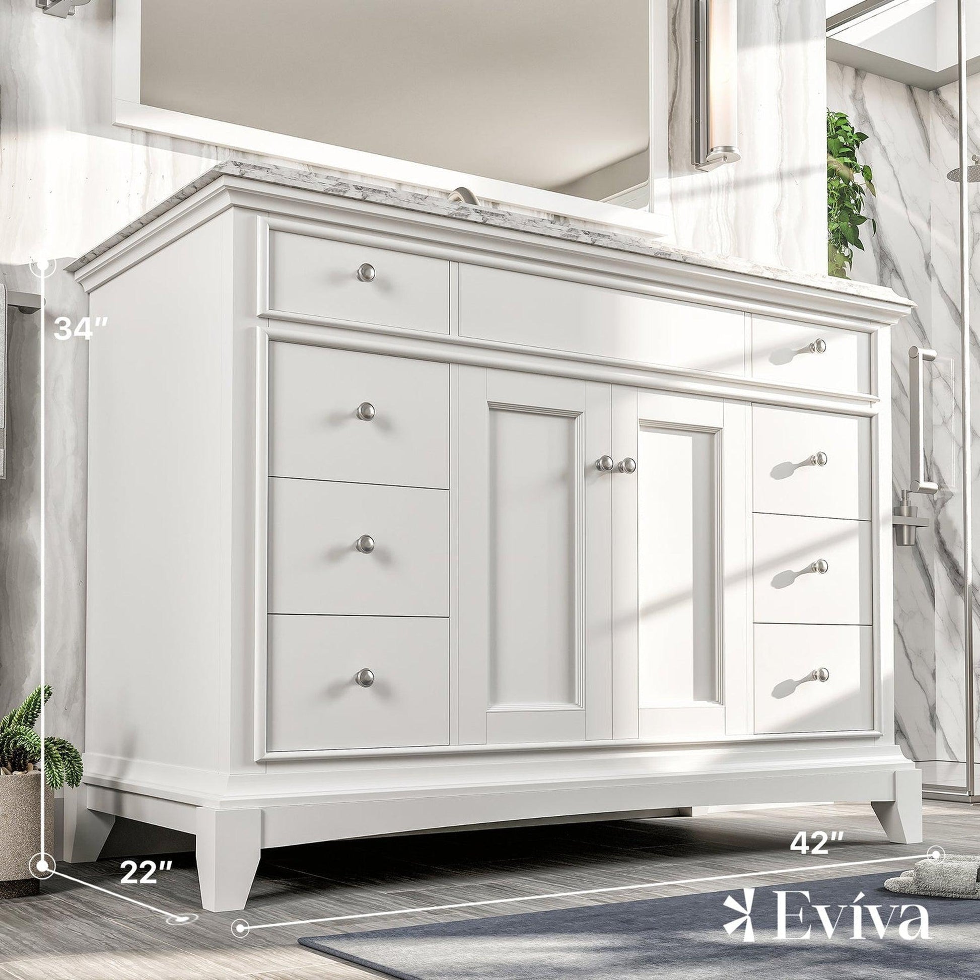 Eviva Elite Stamford 42" x 36" Freestanding White Bathroom Vanity With White Carrara Marble Countertop and Undermount Porcelain Sink