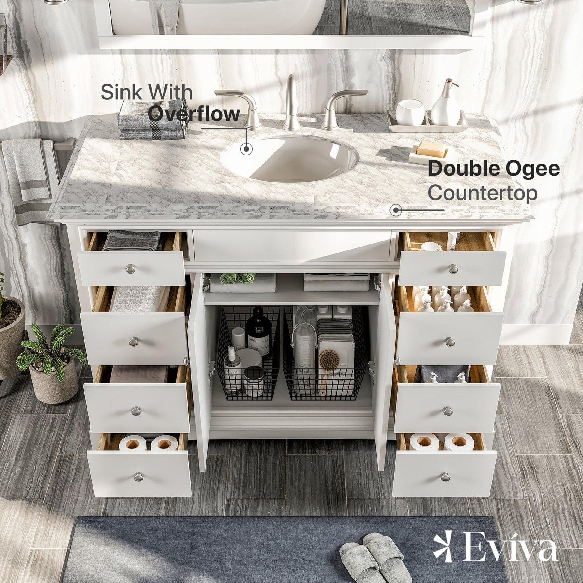 Eviva Elite Stamford 42" x 36" Freestanding White Bathroom Vanity With White Carrara Marble Countertop and Undermount Porcelain Sink