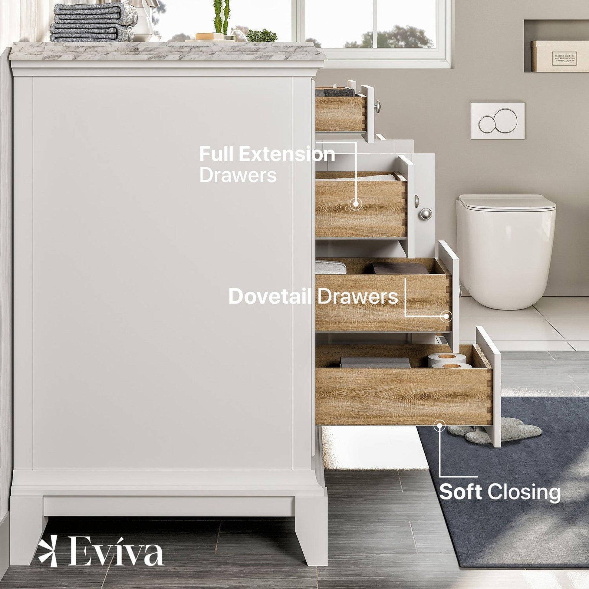 Eviva Elite Stamford 42" x 36" Freestanding White Bathroom Vanity With White Carrara Marble Countertop and Undermount Porcelain Sink