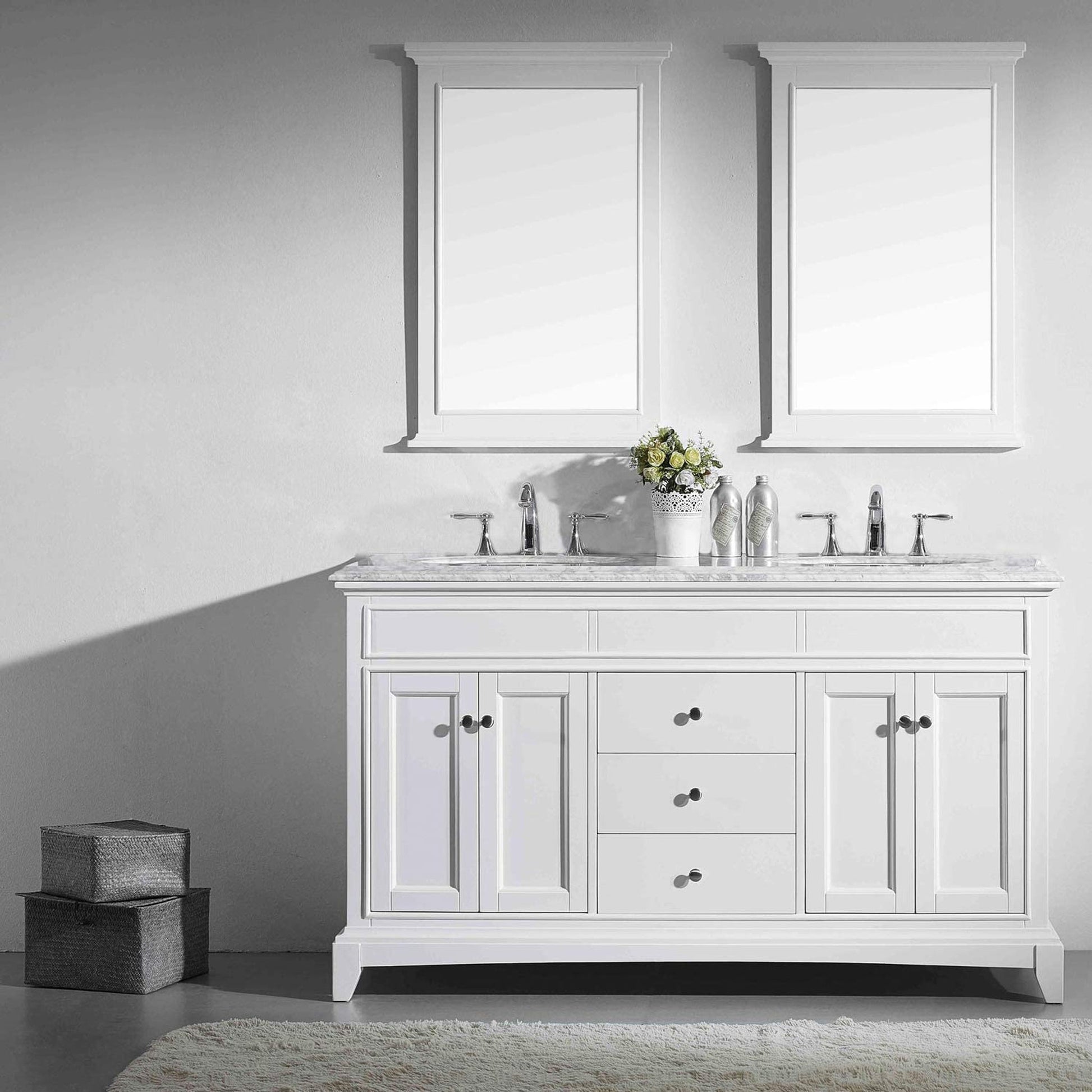 Eviva Elite Stamford 60" x 36" White Freestanding Bathroom Vanity With White Carrara Marble Countertop and Double Undermount Porcelain Sink