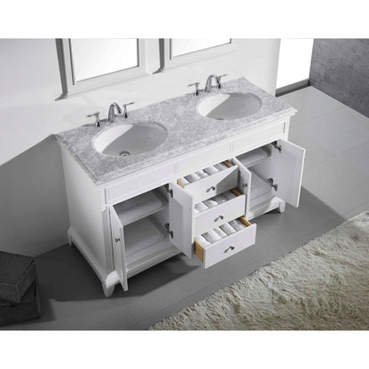 Eviva Elite Stamford 60" x 36" White Freestanding Bathroom Vanity With White Carrara Marble Countertop and Double Undermount Porcelain Sink