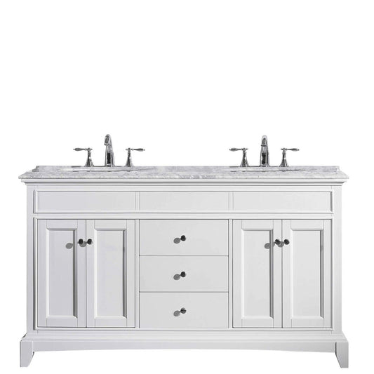Eviva Elite Stamford 60" x 36" White Freestanding Bathroom Vanity With White Carrara Marble Countertop and Double Undermount Porcelain Sink