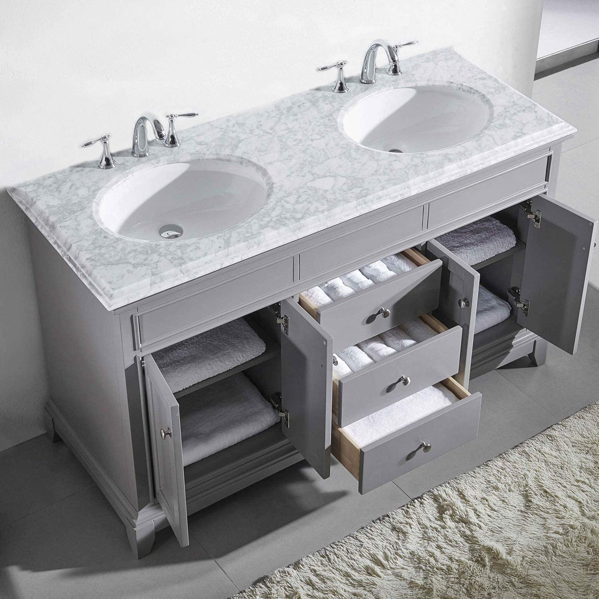 Eviva Elite Stamford 72" x 36" Gray Freestanding Bathroom Vanity With White Carrara Marble Countertop and Double Undermount Porcelain Sink