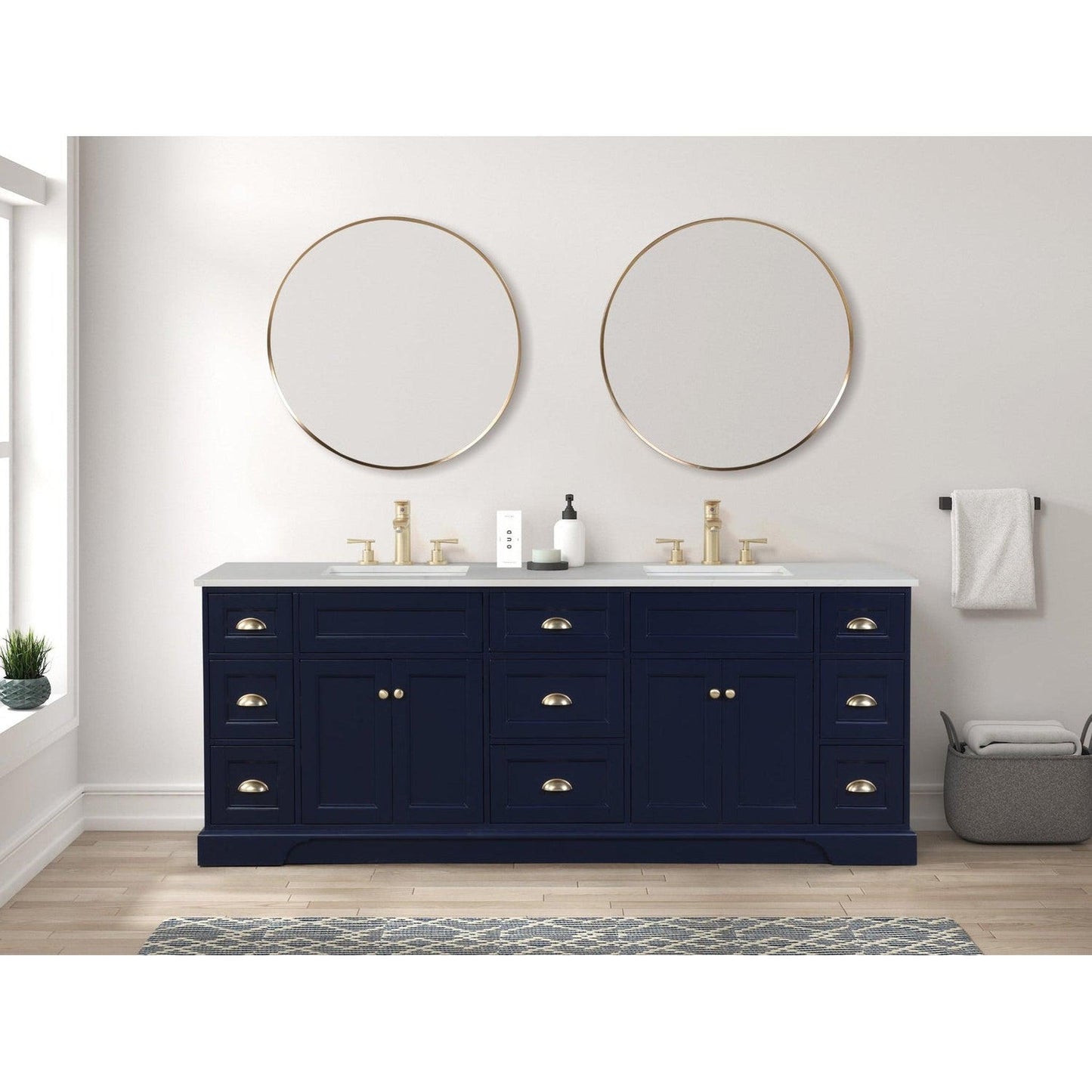 Eviva Epic 84" x 34" Blue Freestanding Bathroom Vanity With Brushed Gold Hardware and Quartz Countertop With Double Undermount Sink