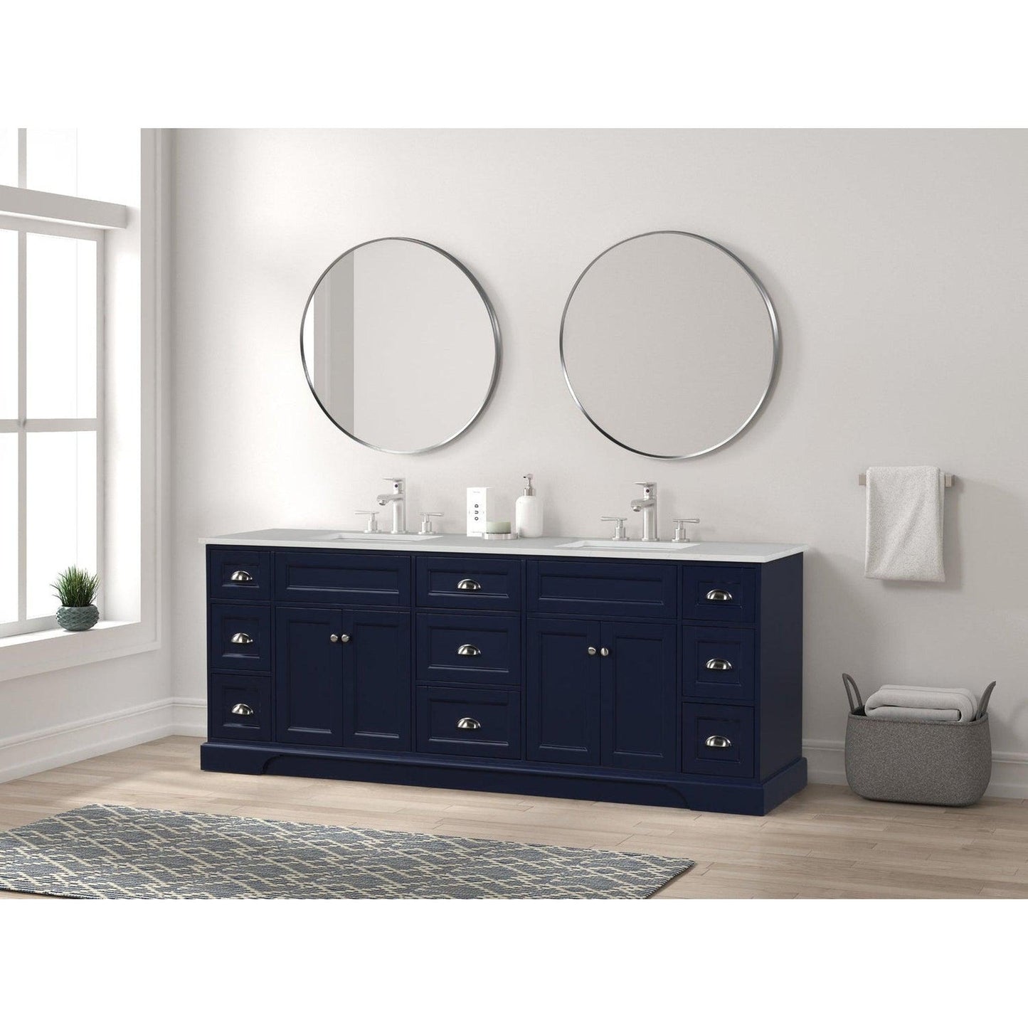 Eviva Epic 84" x 34" Blue Freestanding Bathroom Vanity With Brushed Nickel Hardware and Quartz Countertop With Double Undermount Sink